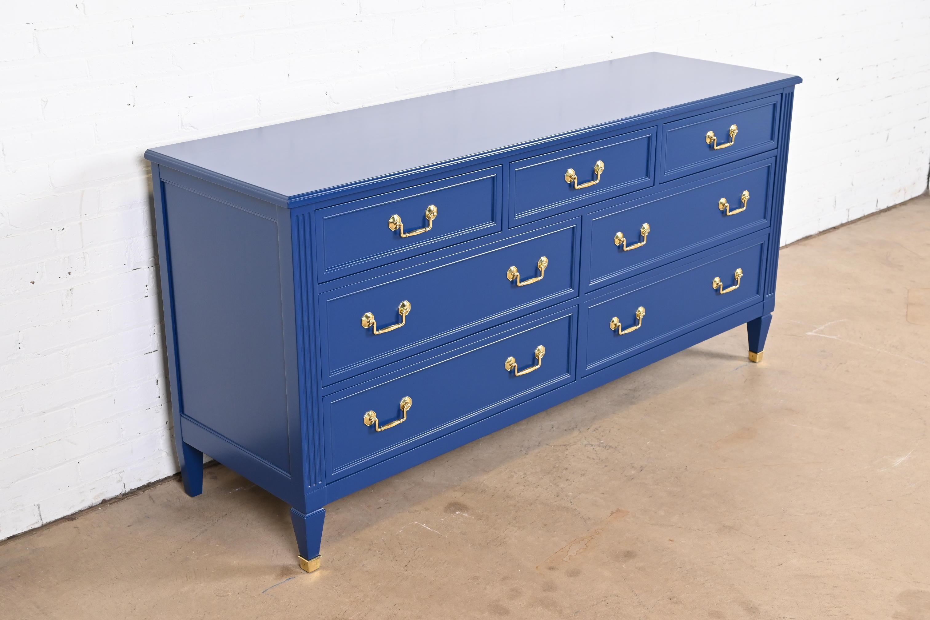 Kindel Furniture French Regency Louis XVI Blue Lacquered Dresser, Refinished For Sale 1