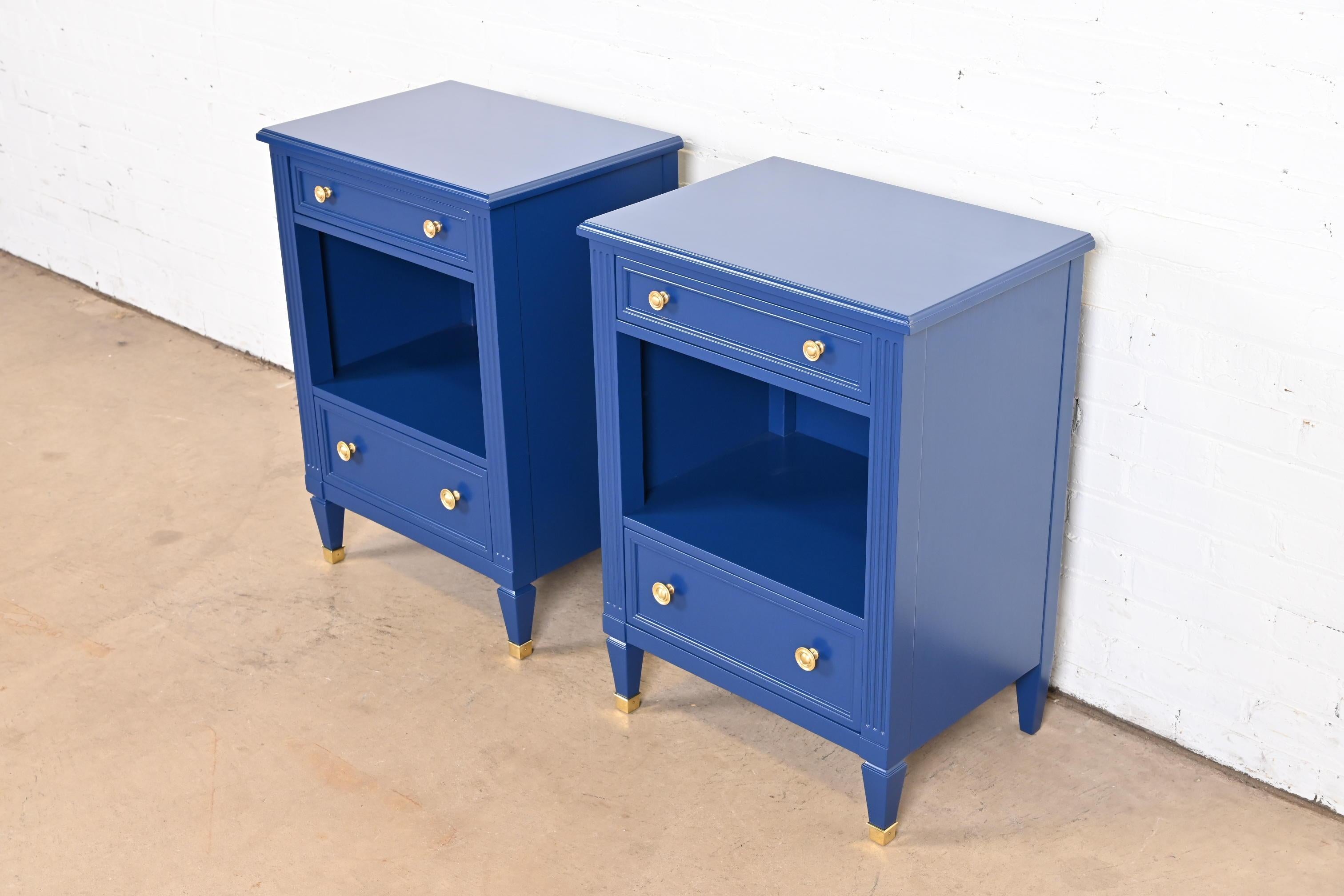 American Kindel Furniture French Regency Louis XVI Blue Lacquered Nightstands, Pair