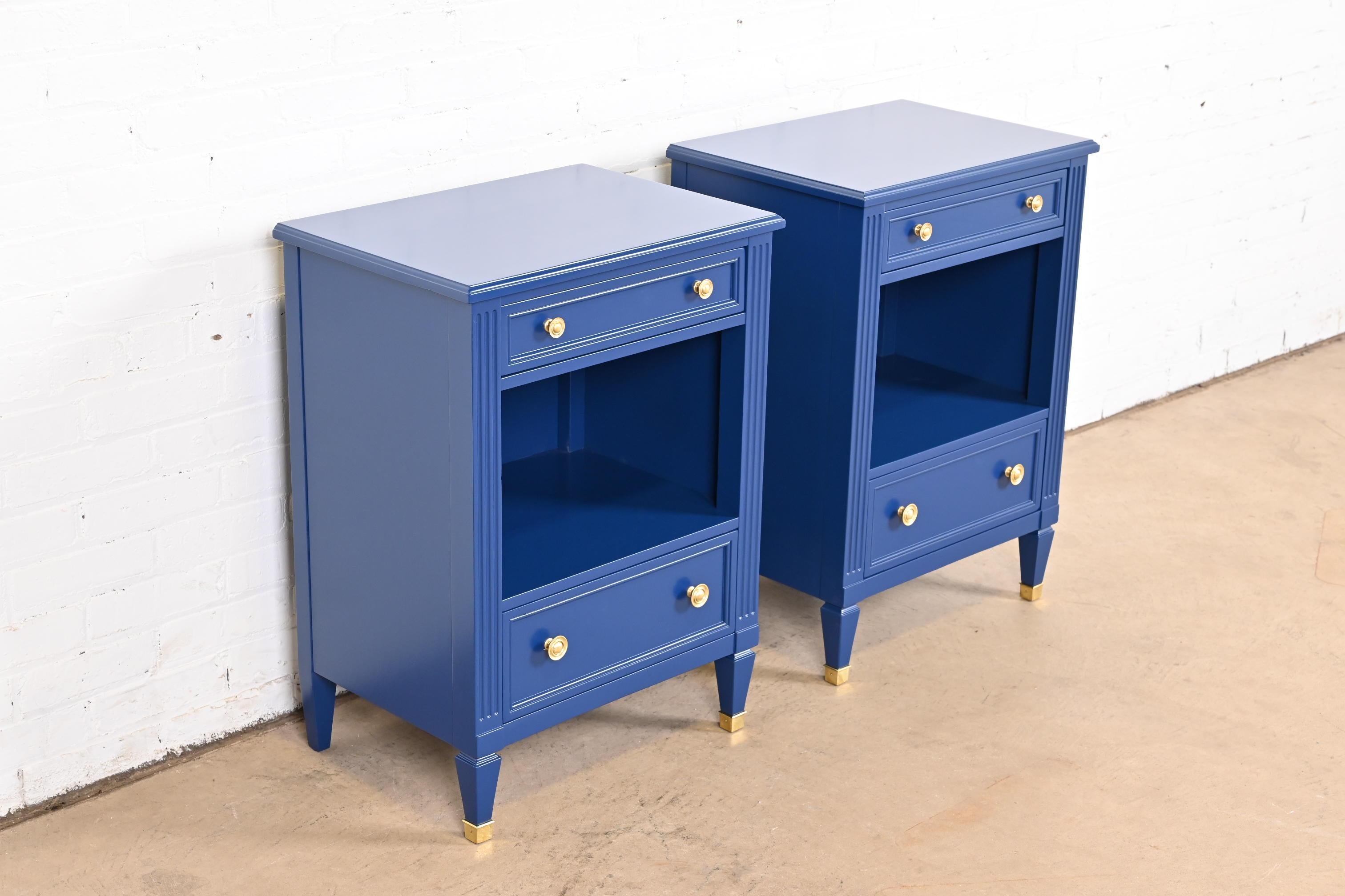 Brass Kindel Furniture French Regency Louis XVI Blue Lacquered Nightstands, Pair