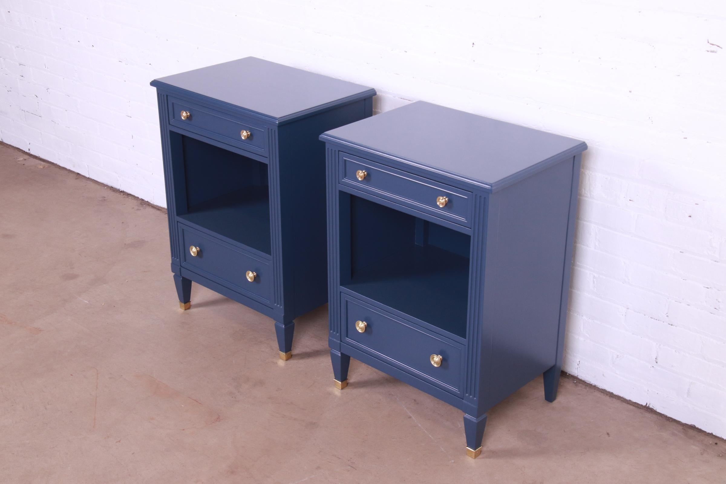 American Kindel Furniture French Regency Louis XVI Blue Lacquered Nightstands, Refinished