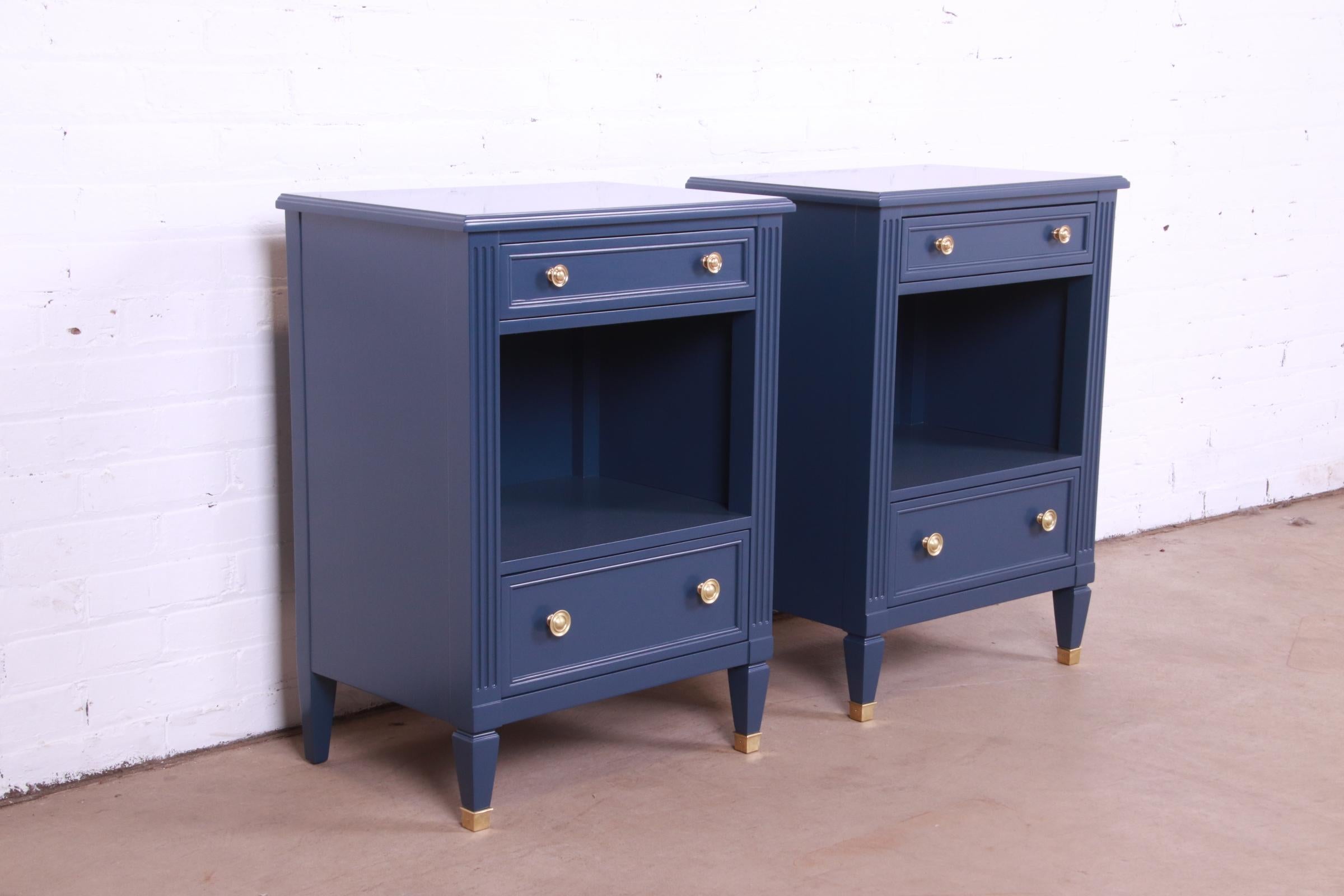 Mid-20th Century Kindel Furniture French Regency Louis XVI Blue Lacquered Nightstands, Refinished