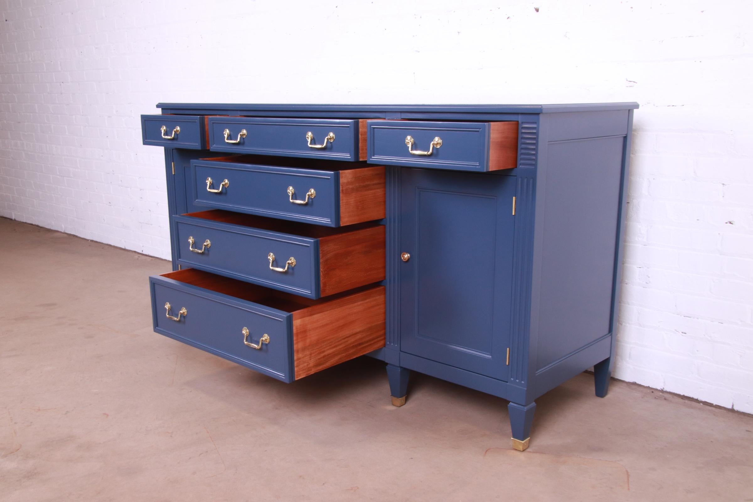 Brass Kindel Furniture French Regency Louis XVI Blue Lacquered Sideboard, Refinished For Sale