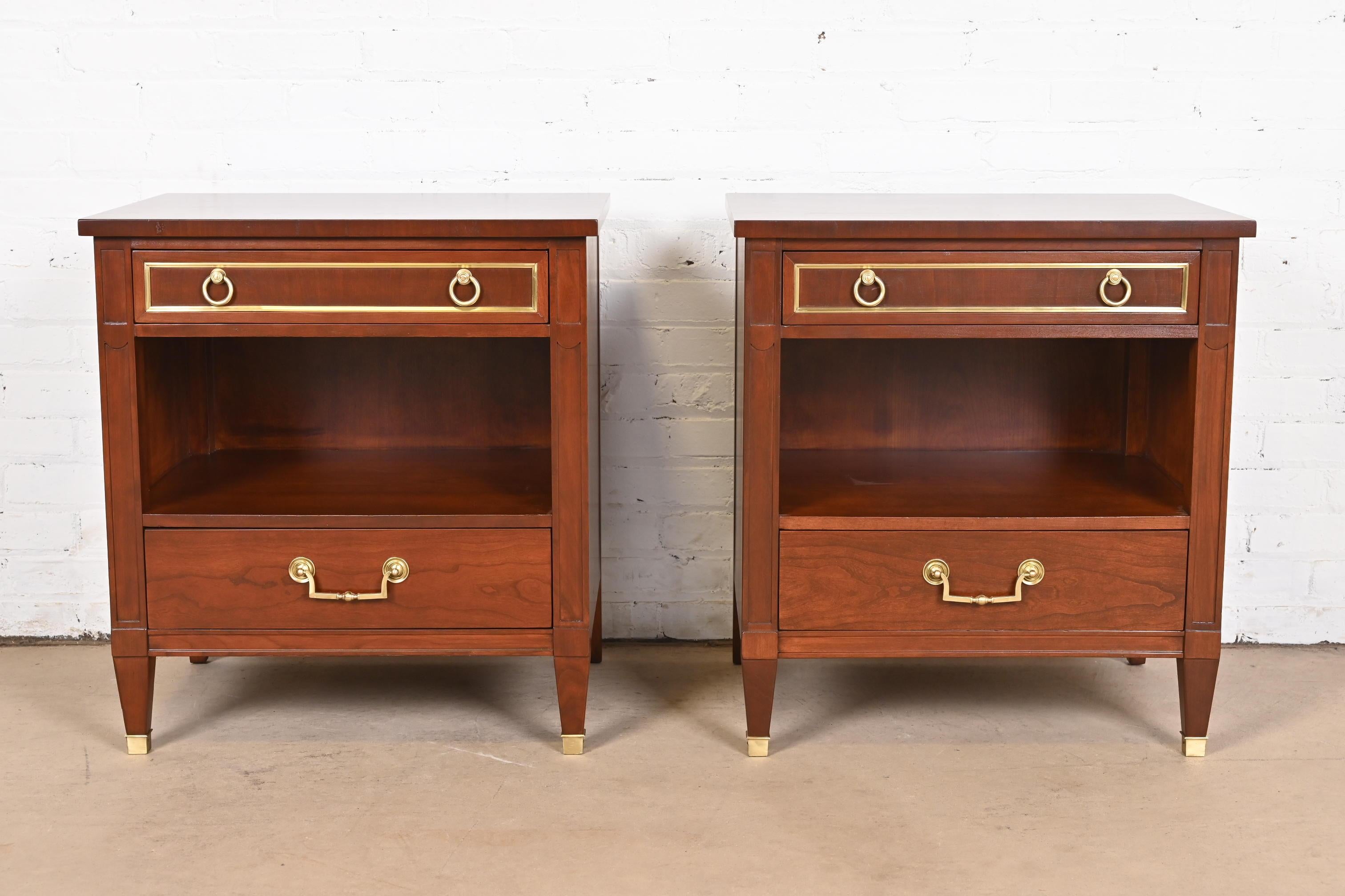 American Kindel Furniture French Regency Louis XVI Cherry and Brass Nightstands, Pair For Sale