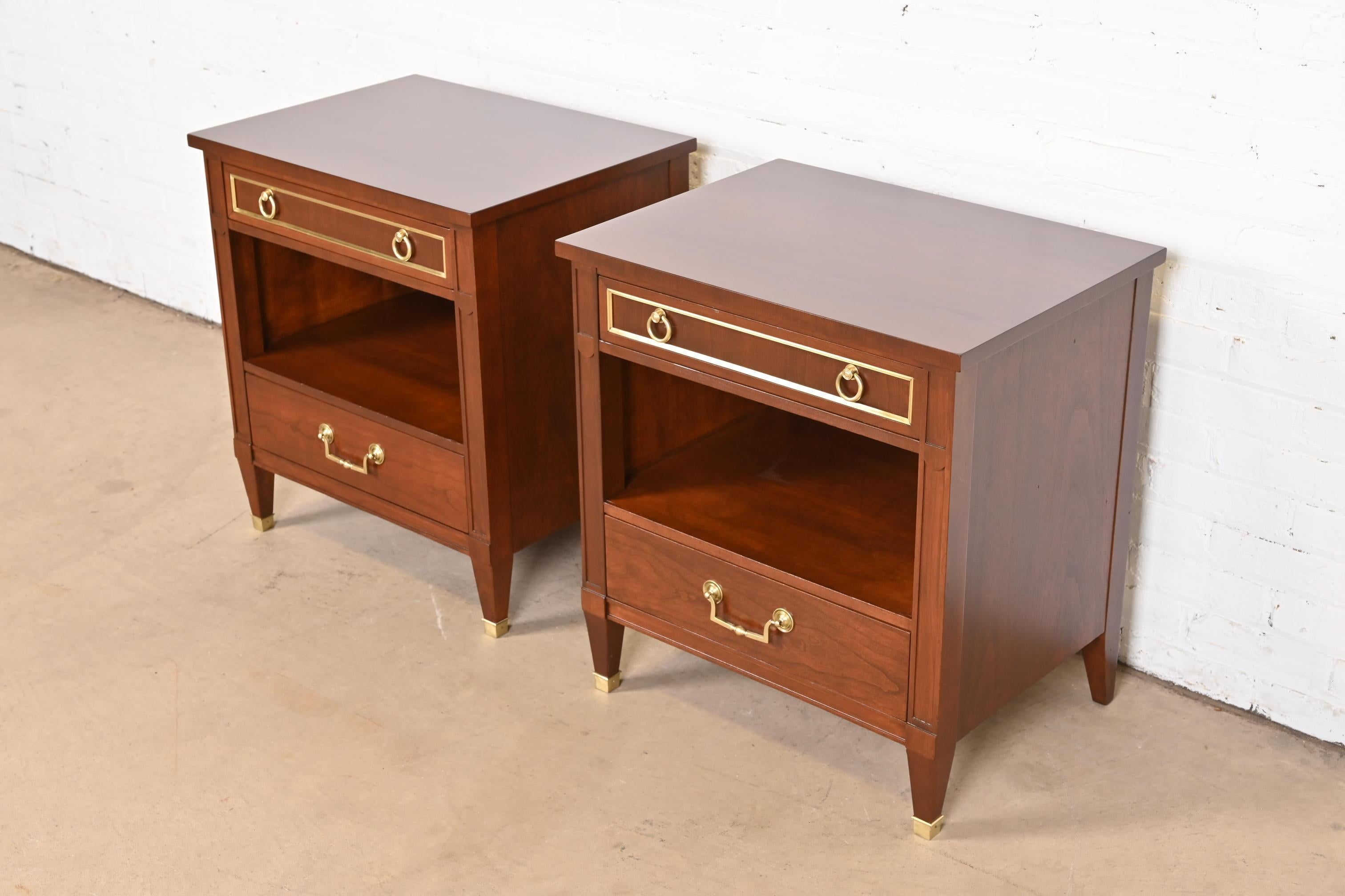 Kindel Furniture French Regency Louis XVI Cherry and Brass Nightstands, Pair In Good Condition For Sale In South Bend, IN