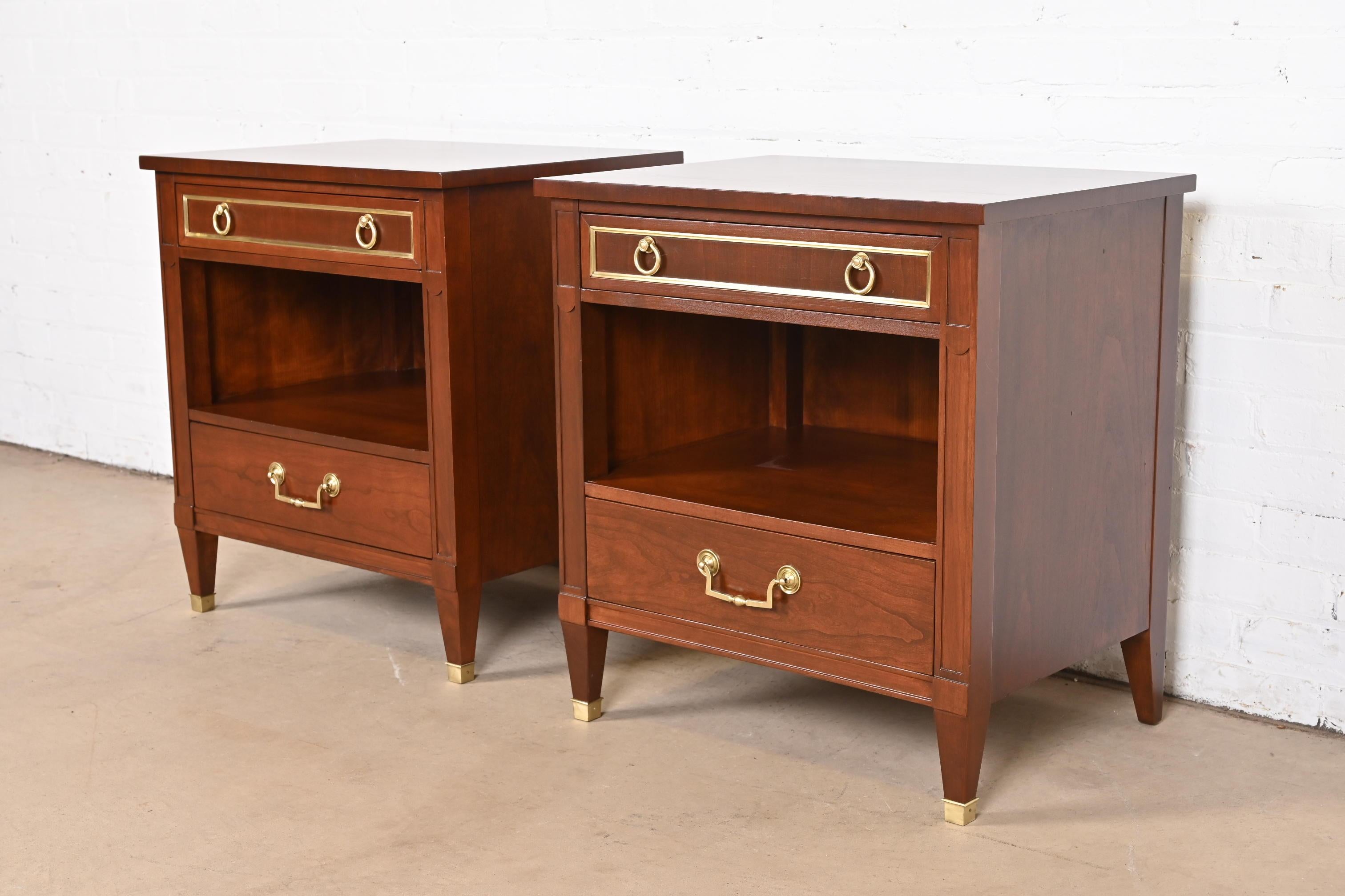 Mid-20th Century Kindel Furniture French Regency Louis XVI Cherry and Brass Nightstands, Pair For Sale