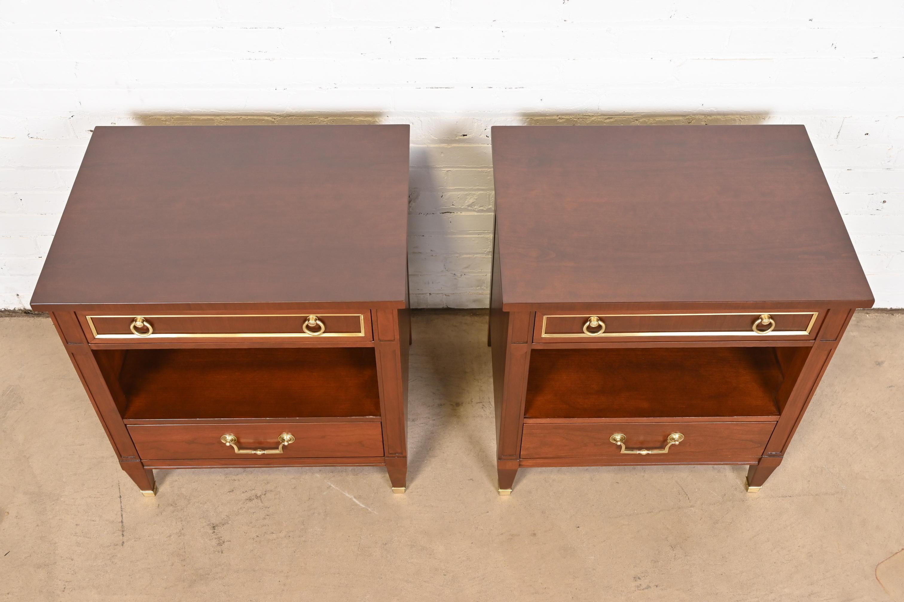 Kindel Furniture French Regency Louis XVI Cherry and Brass Nightstands, Pair For Sale 3