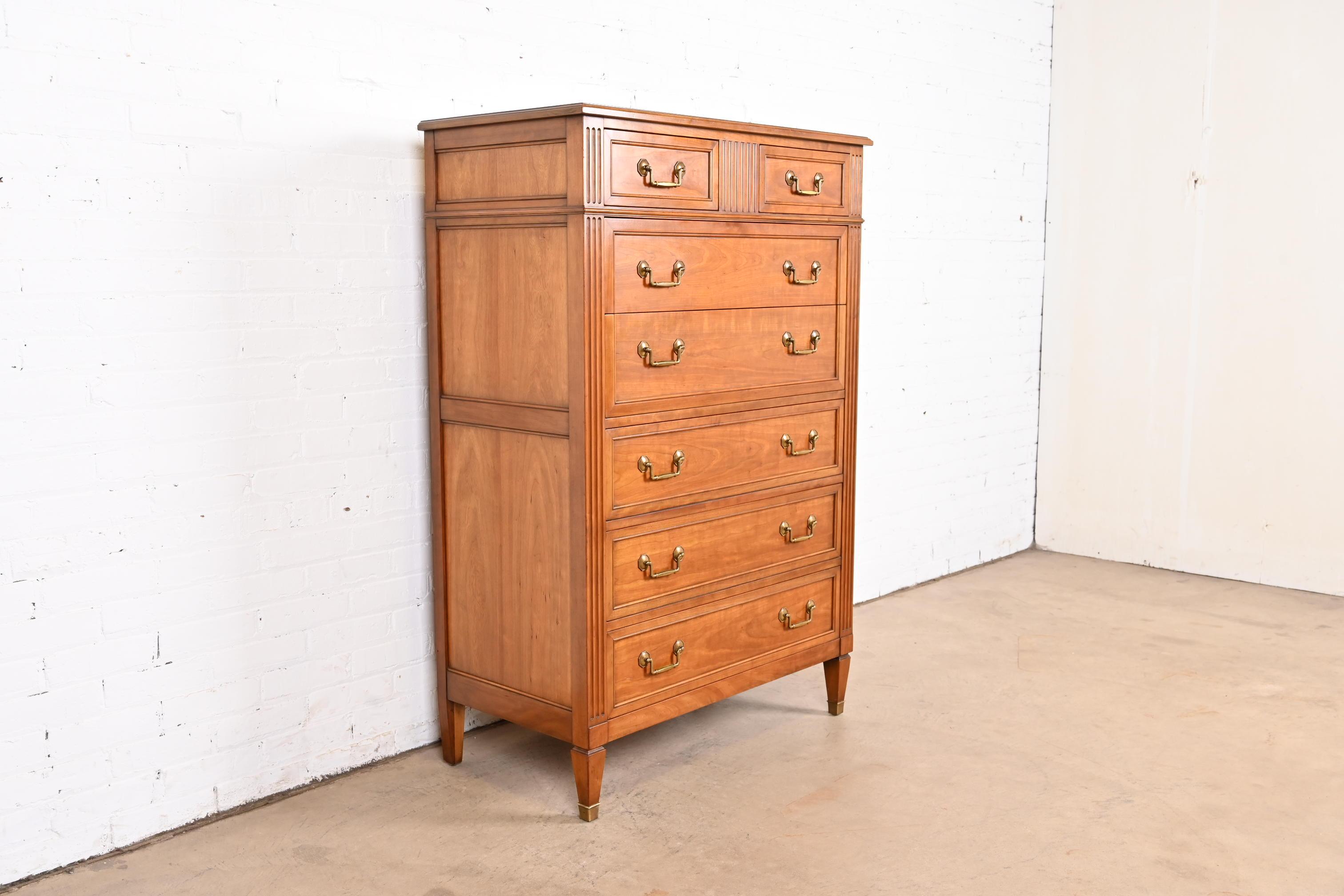 American Kindel Furniture French Regency Louis XVI Cherry Wood Highboy Dresser, 1960s