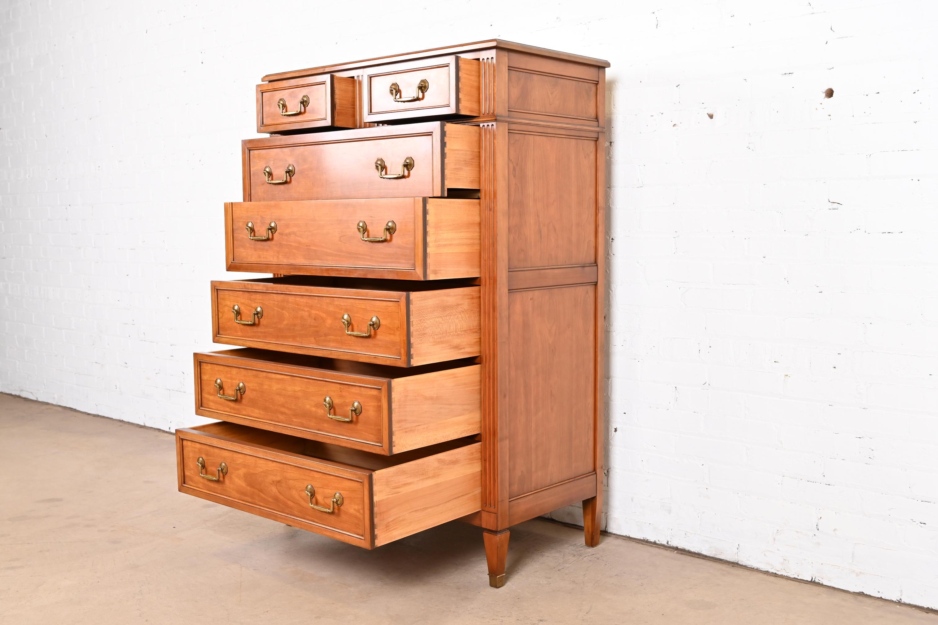 Kindel Furniture French Regency Louis XVI Cherry Wood Highboy Dresser, 1960s In Good Condition In South Bend, IN