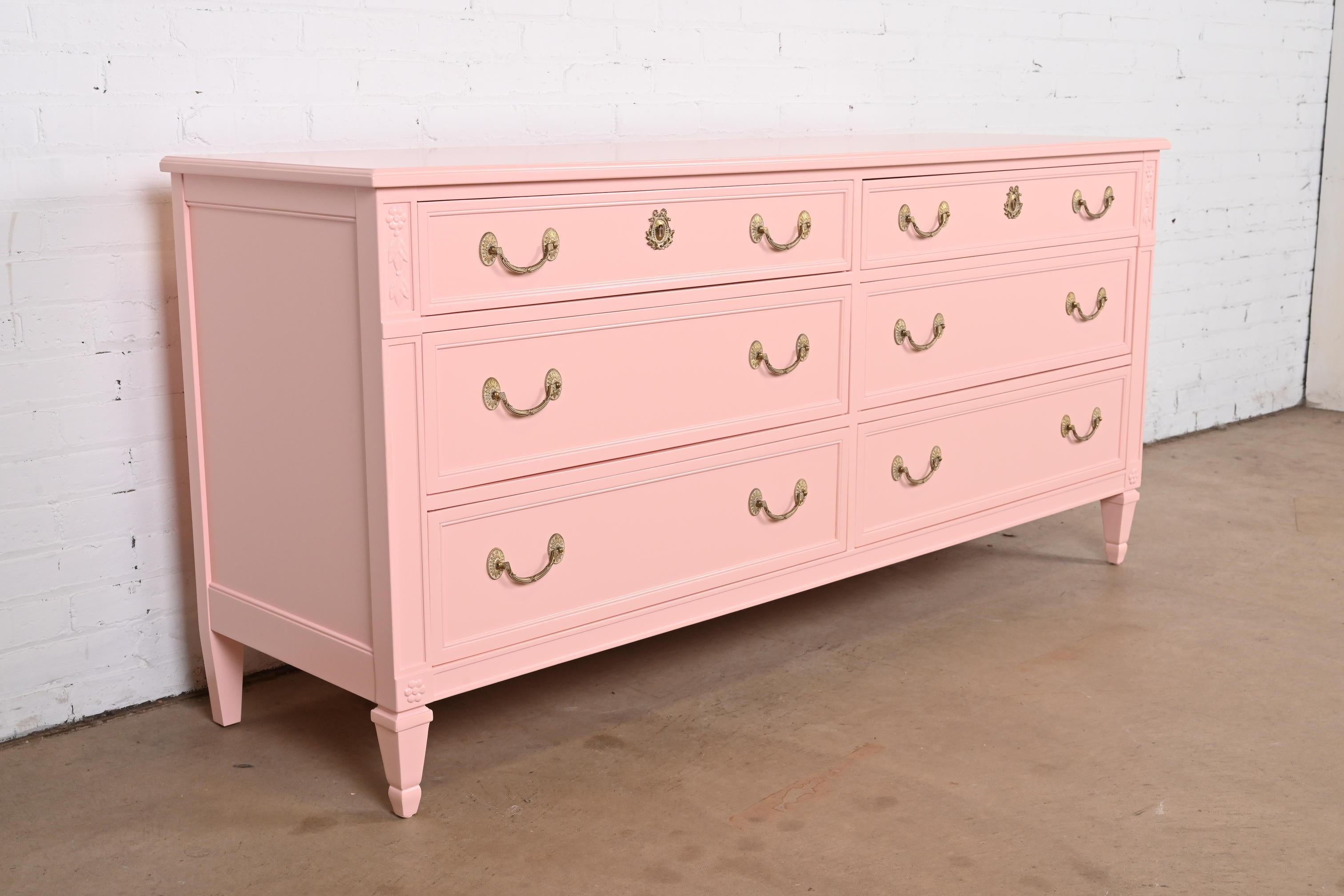 Brass Kindel Furniture French Regency Louis XVI Pink Lacquered Dresser, Refinished