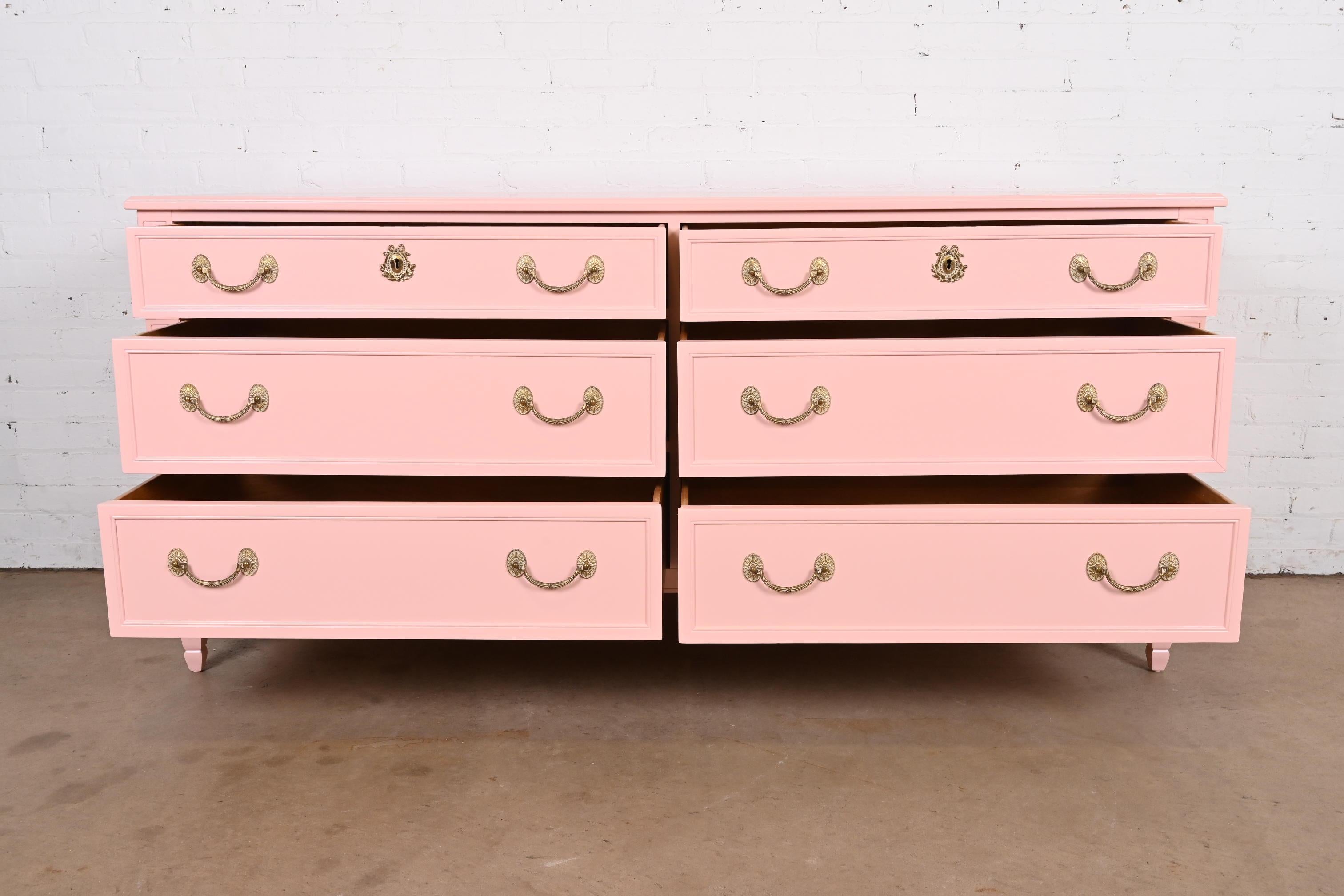 Kindel Furniture French Regency Louis XVI Pink Lacquered Dresser, Refinished 1