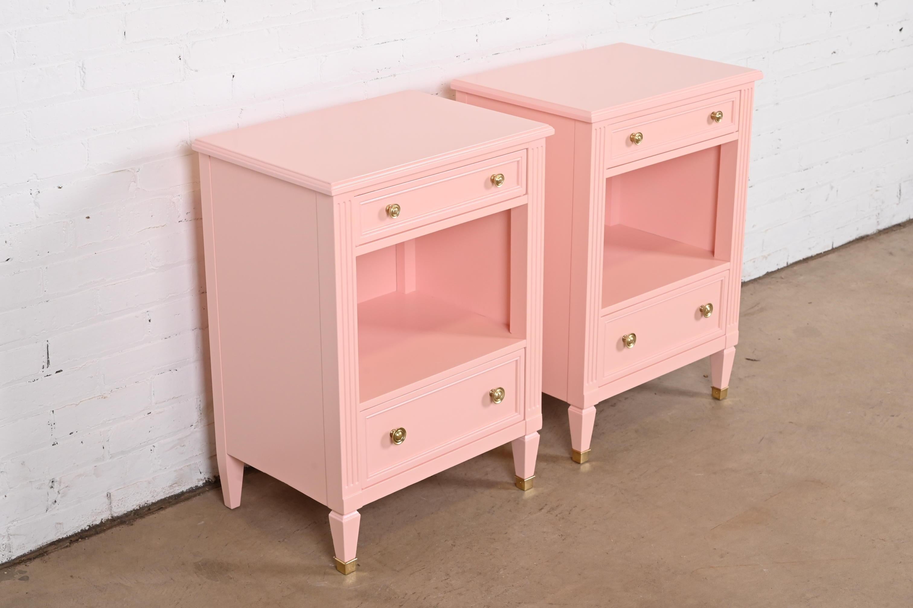 Brass Kindel Furniture French Regency Louis XVI Pink Lacquered Nightstands, Refinished For Sale