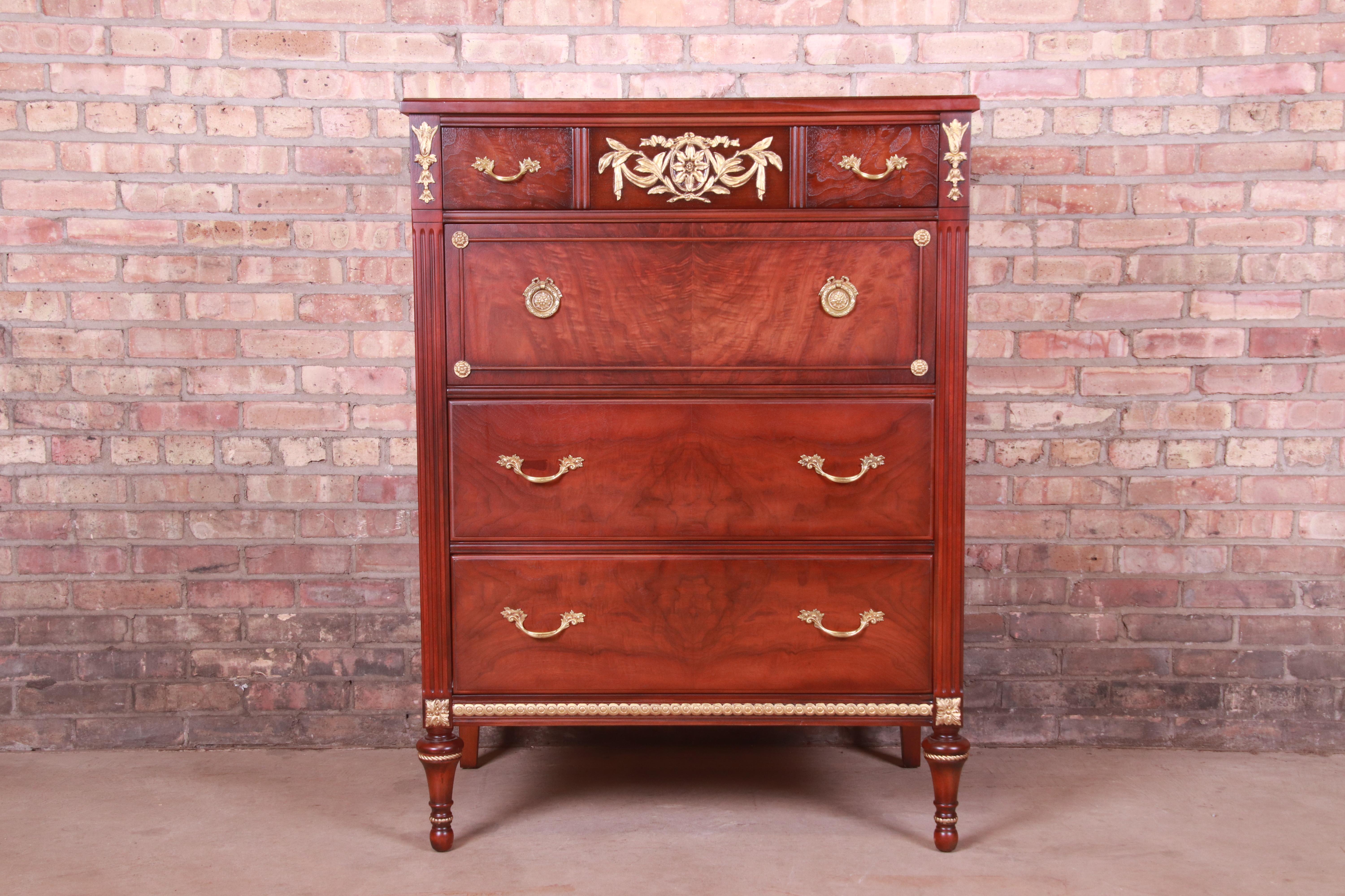Kindel Furniture French Regency Louis XVI Walnut and Gold Gilt Highboy Dresser In Good Condition In South Bend, IN