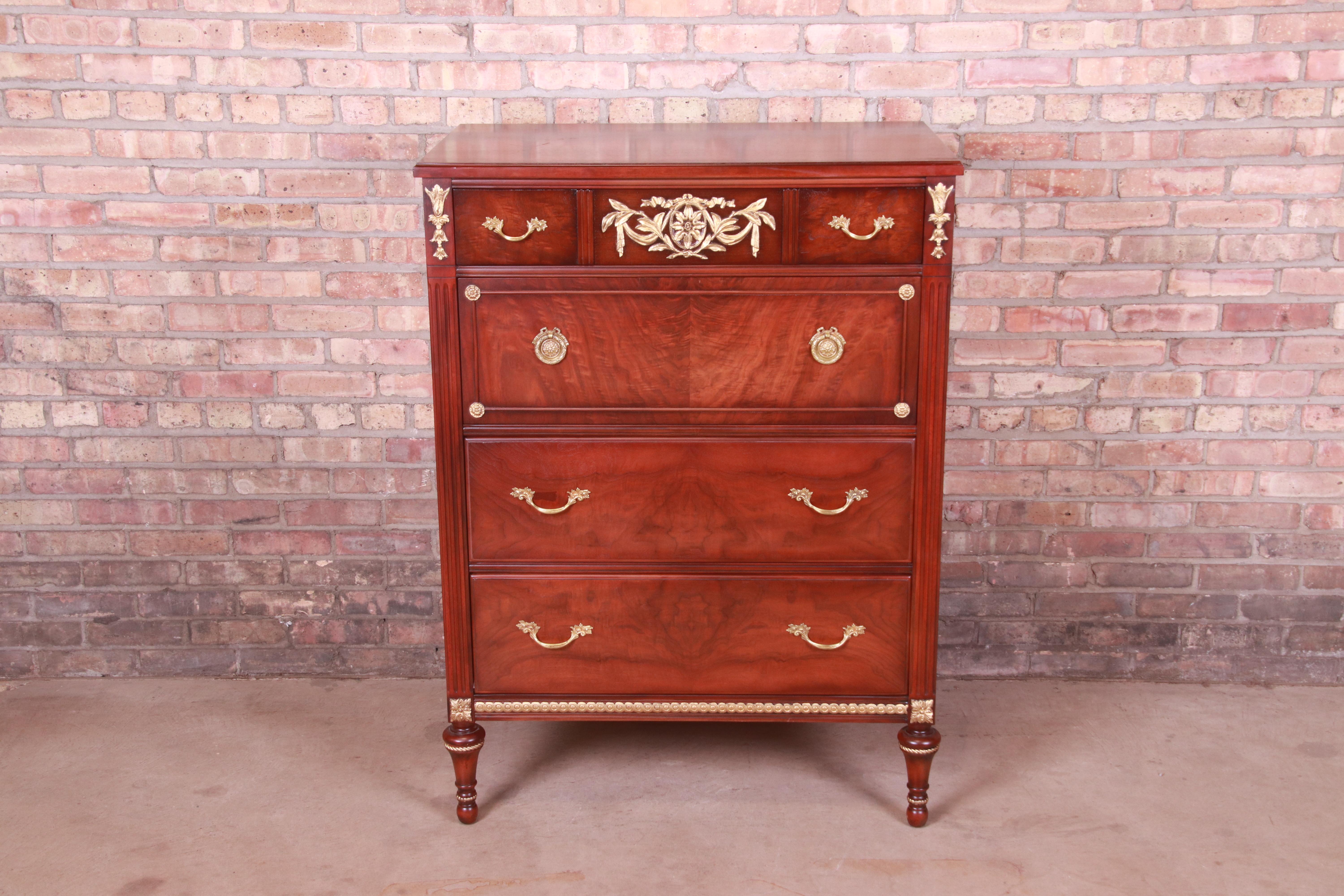 20th Century Kindel Furniture French Regency Louis XVI Walnut and Gold Gilt Highboy Dresser