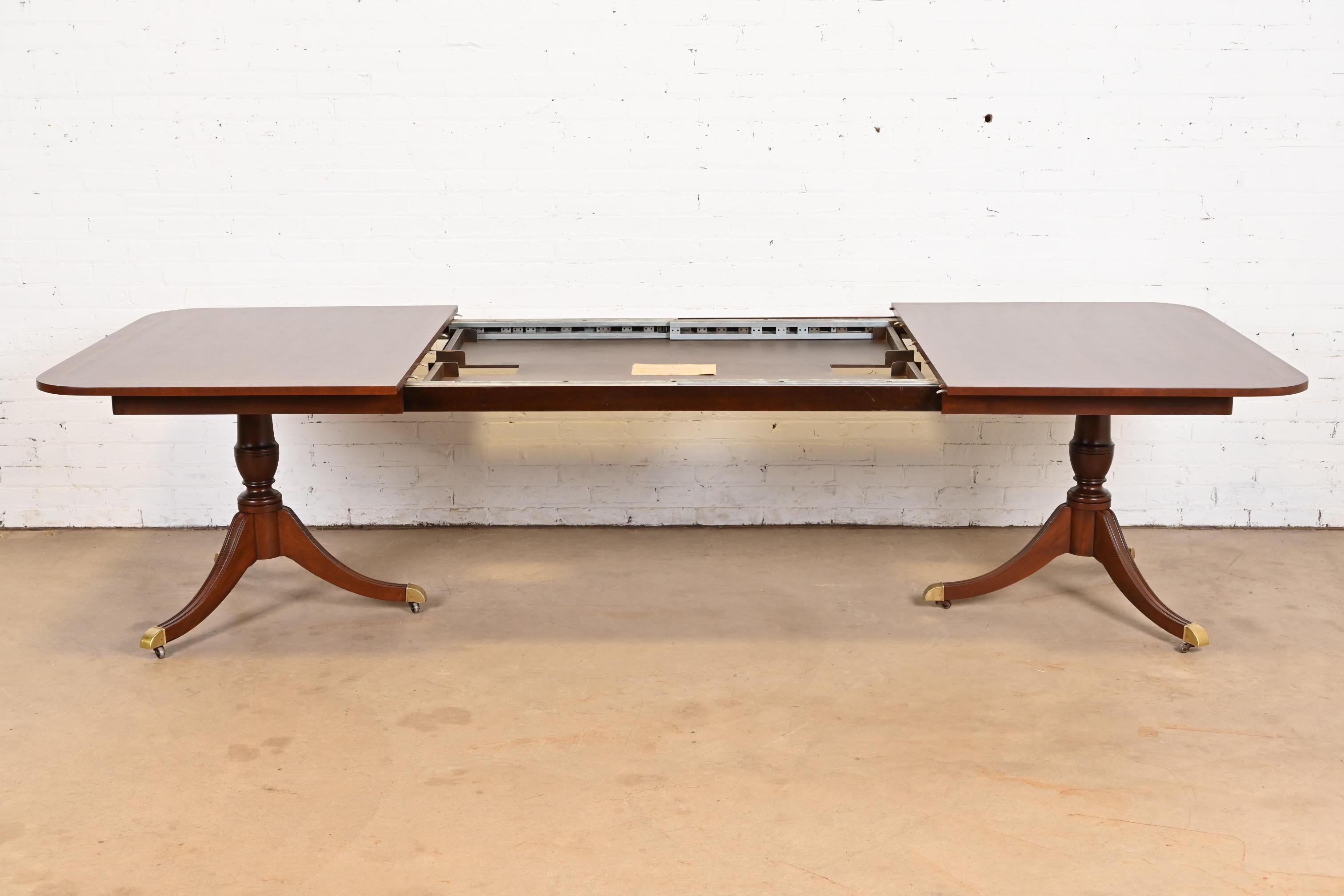 Brass Kindel Furniture Georgian Banded Mahogany Double Pedestal Extension Dining Table For Sale