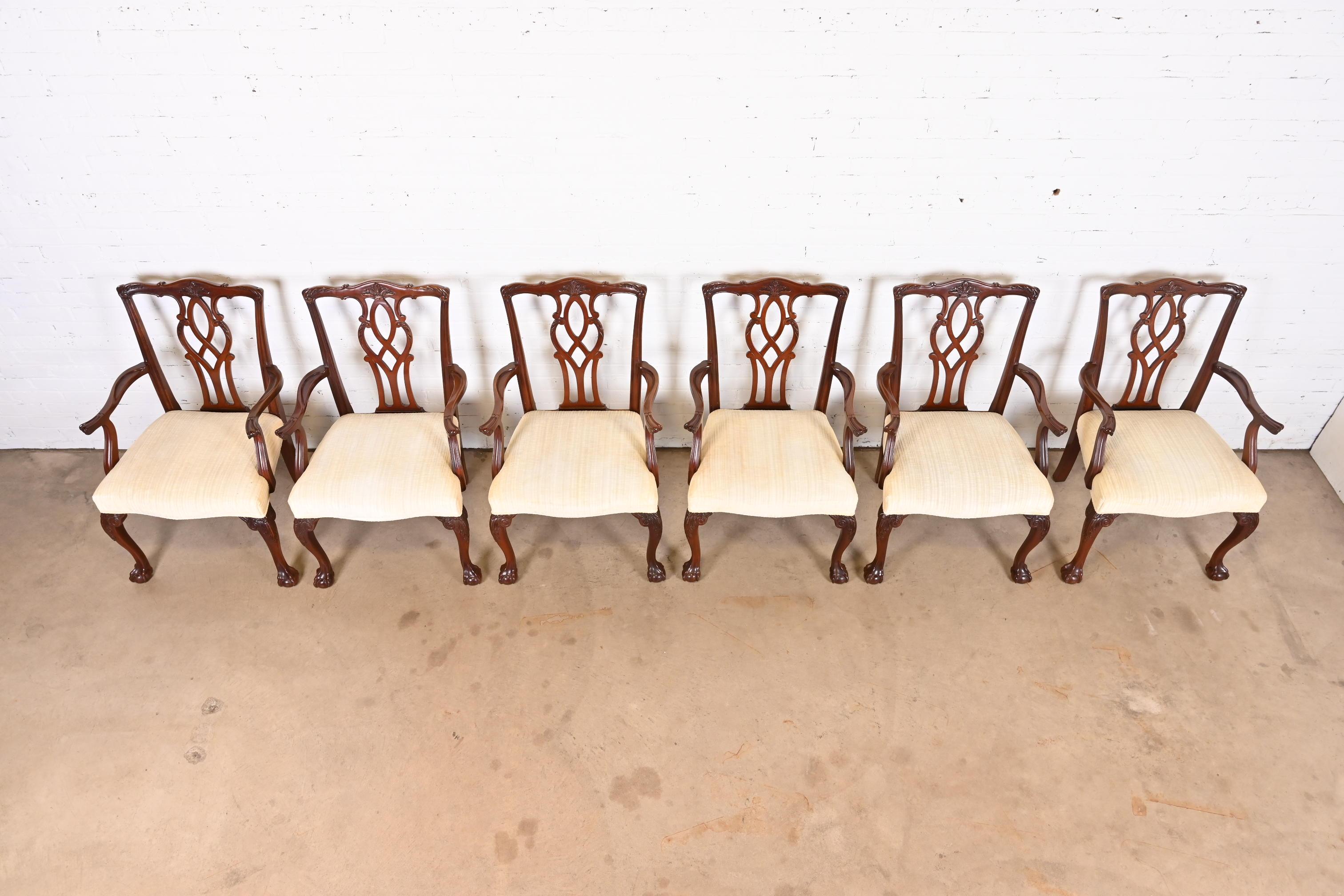 Upholstery Kindel Furniture Georgian Carved Mahogany Dining Armchairs, Set of Six For Sale