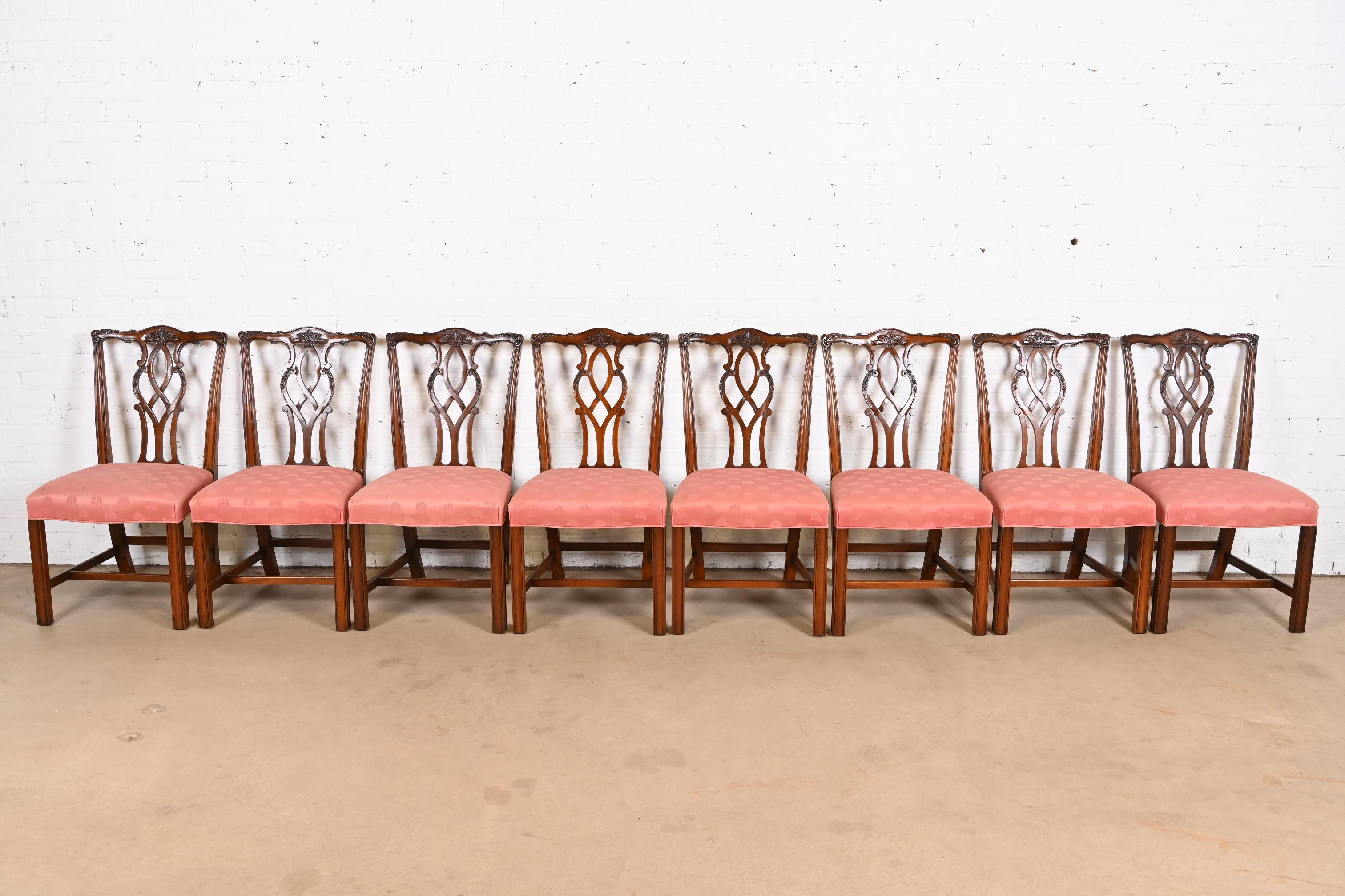 American Kindel Furniture Georgian Carved Mahogany Dining Chairs, Set of Eight For Sale