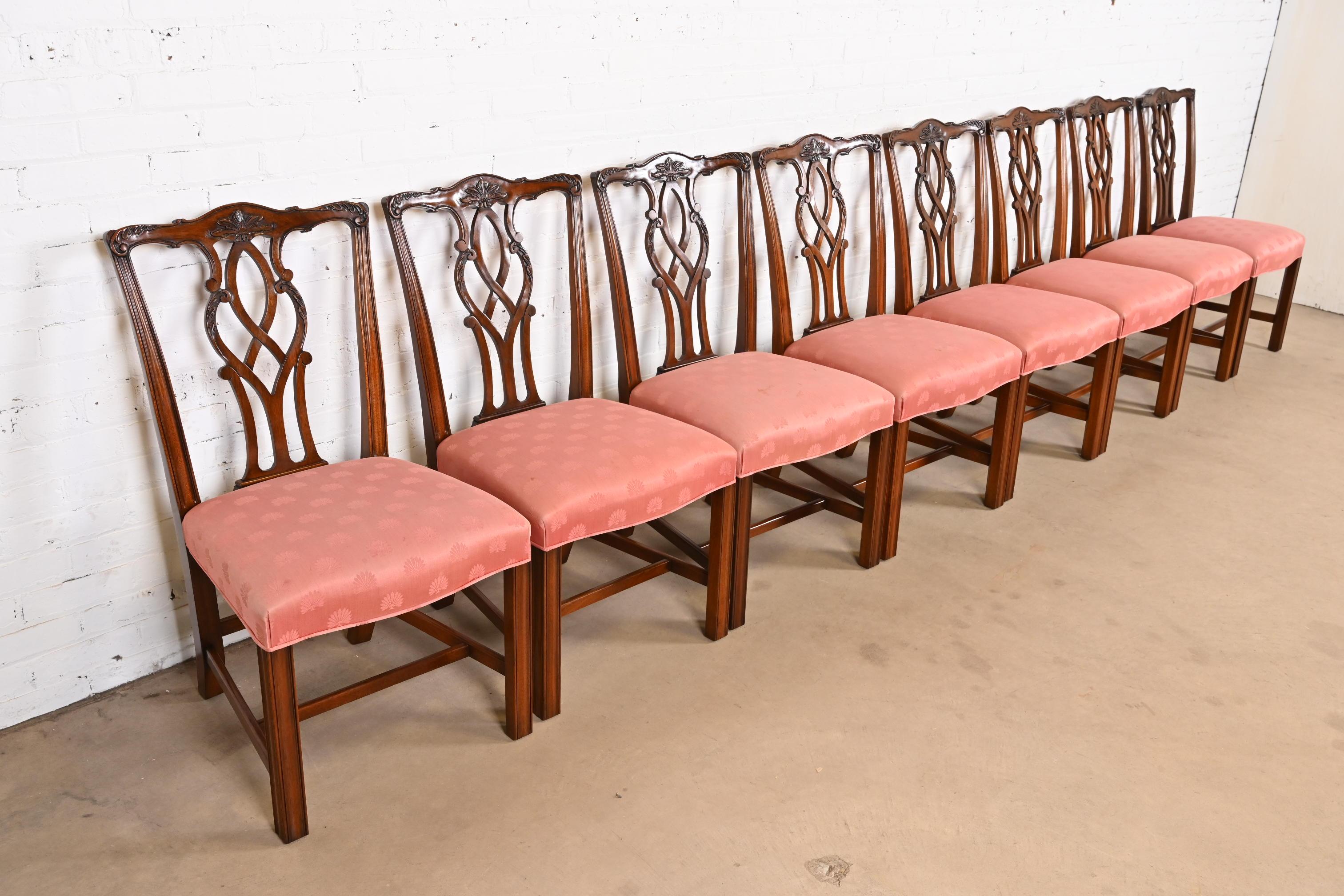 Late 20th Century Kindel Furniture Georgian Carved Mahogany Dining Chairs, Set of Eight For Sale