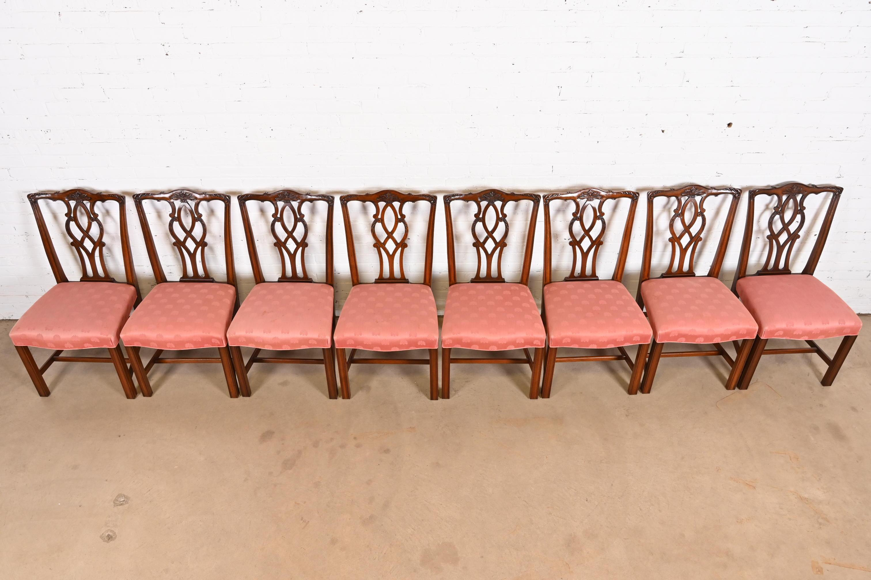Upholstery Kindel Furniture Georgian Carved Mahogany Dining Chairs, Set of Eight For Sale