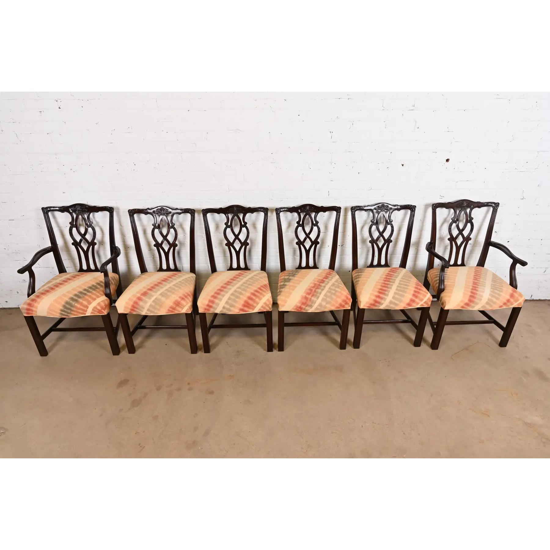 Late 20th Century Kindel Furniture Georgian Carved Mahogany Dining Chairs, Set of Six For Sale