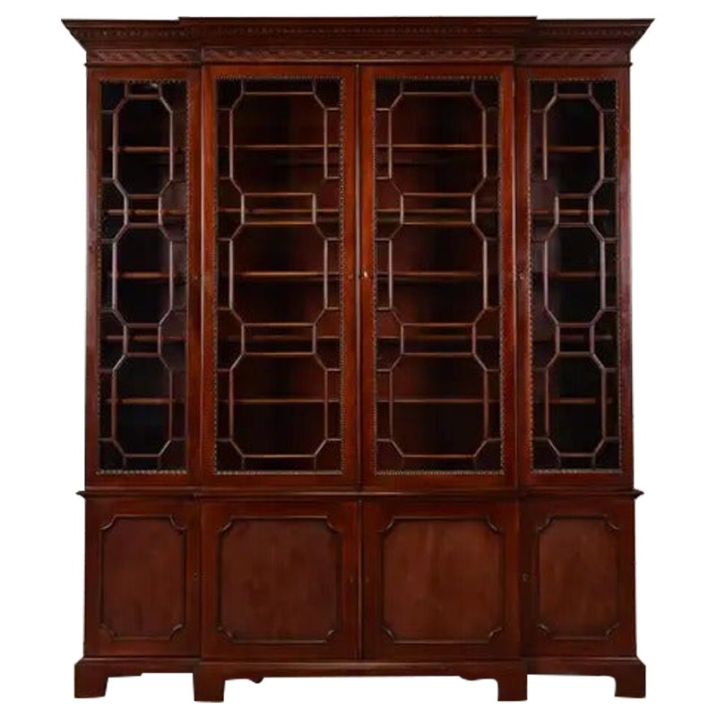 Kindel Furniture Georgian Carved Mahogany Lighted Breakfront Bookcase Cabinet