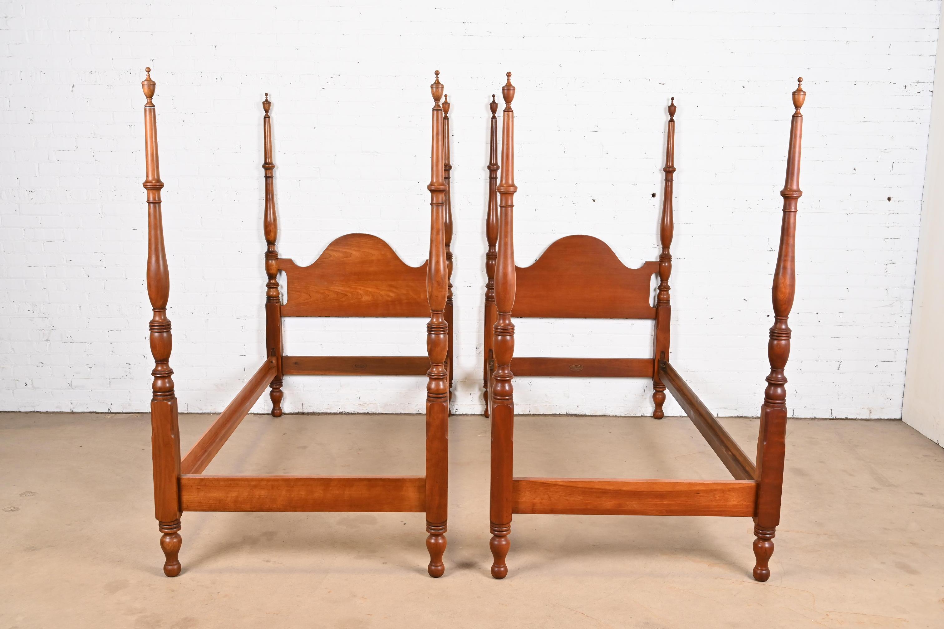 American Kindel Furniture Georgian Carved Solid Cherry Wood Twin Size Poster Beds, Pair