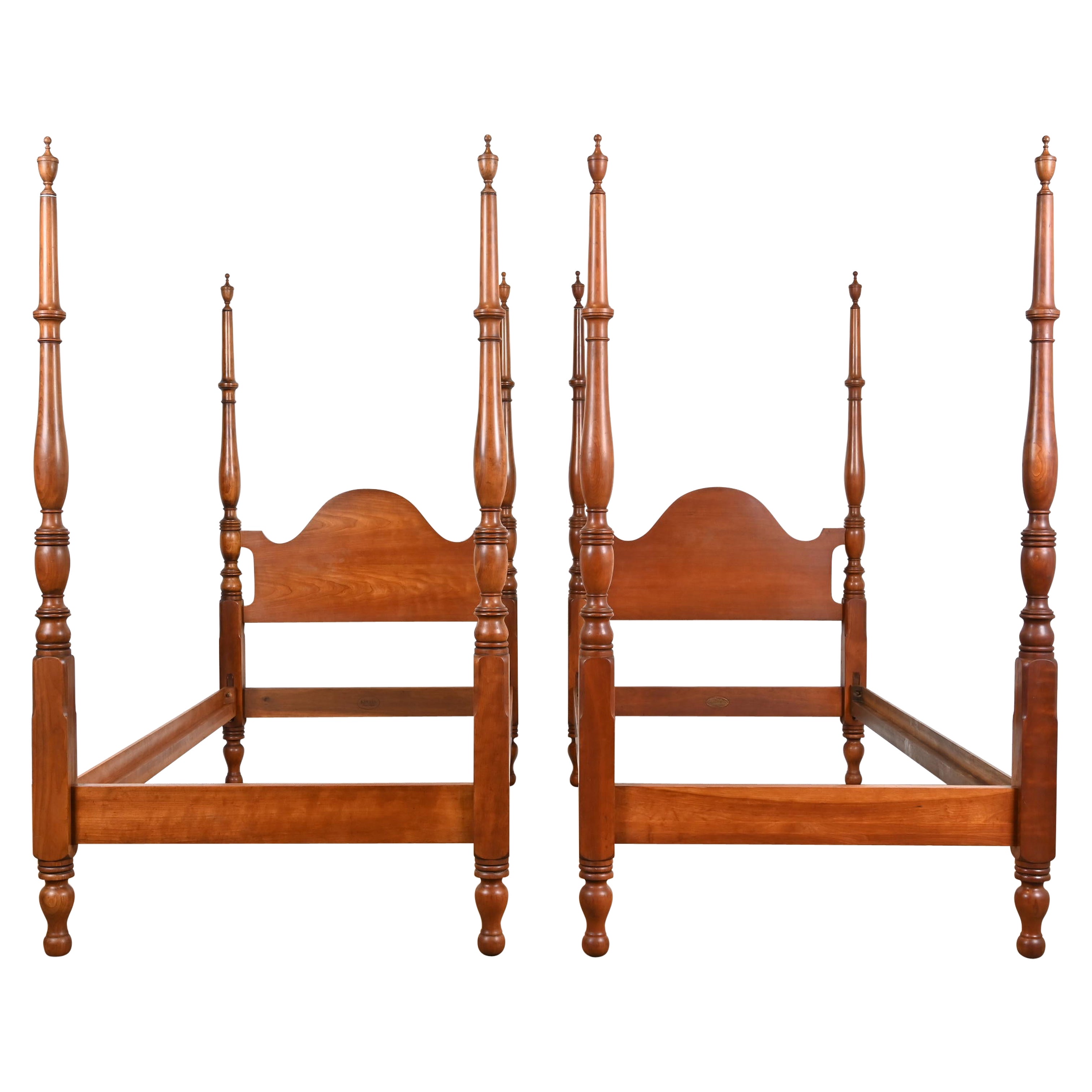 Kindel Furniture Georgian Carved Solid Cherry Wood Twin Size Poster Beds, Pair