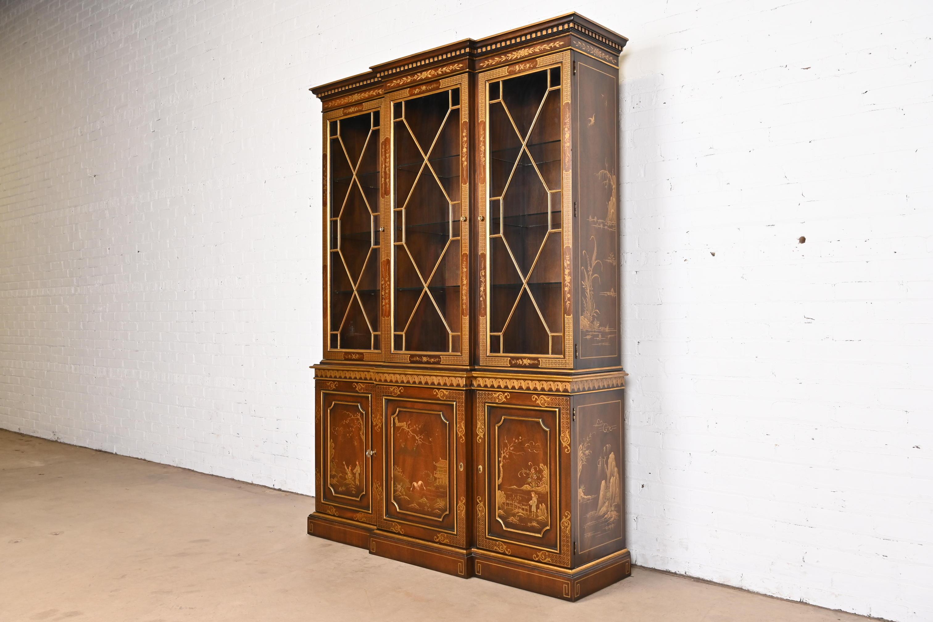American Kindel Furniture Georgian Chinoiserie Mahogany Breakfront Bookcase Cabinet For Sale