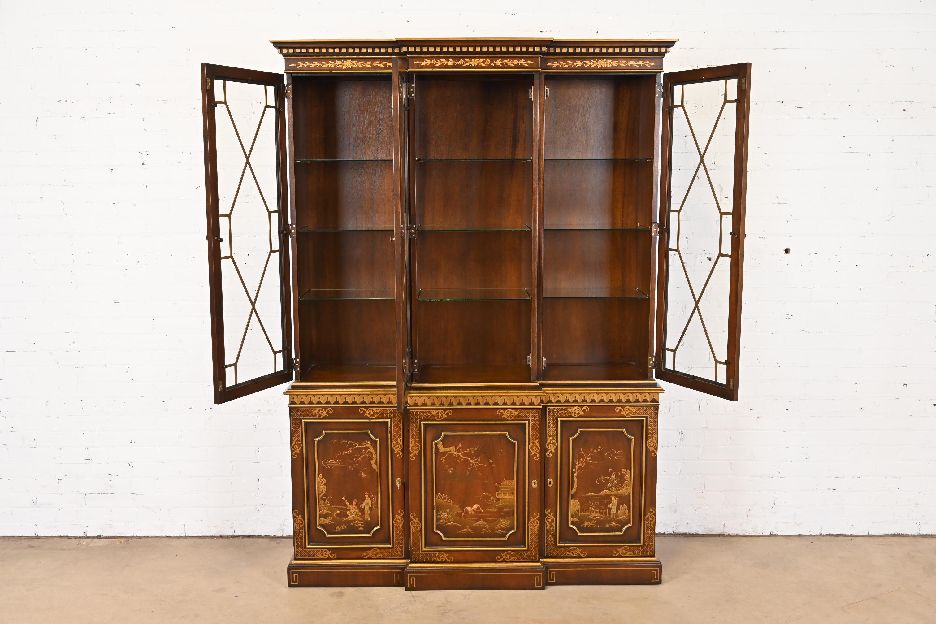 Mid-20th Century Kindel Furniture Georgian Chinoiserie Mahogany Breakfront Bookcase Cabinet For Sale