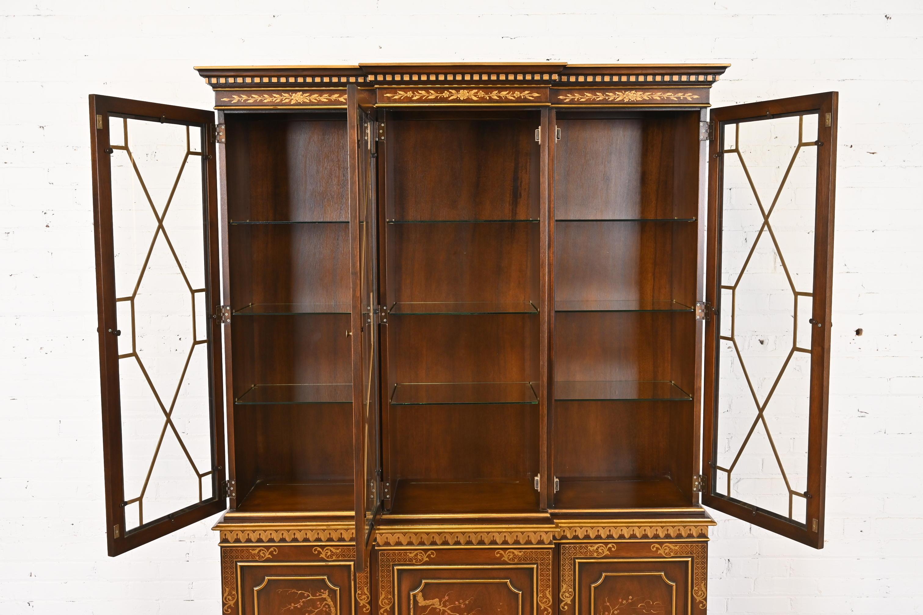Brass Kindel Furniture Georgian Chinoiserie Mahogany Breakfront Bookcase Cabinet For Sale