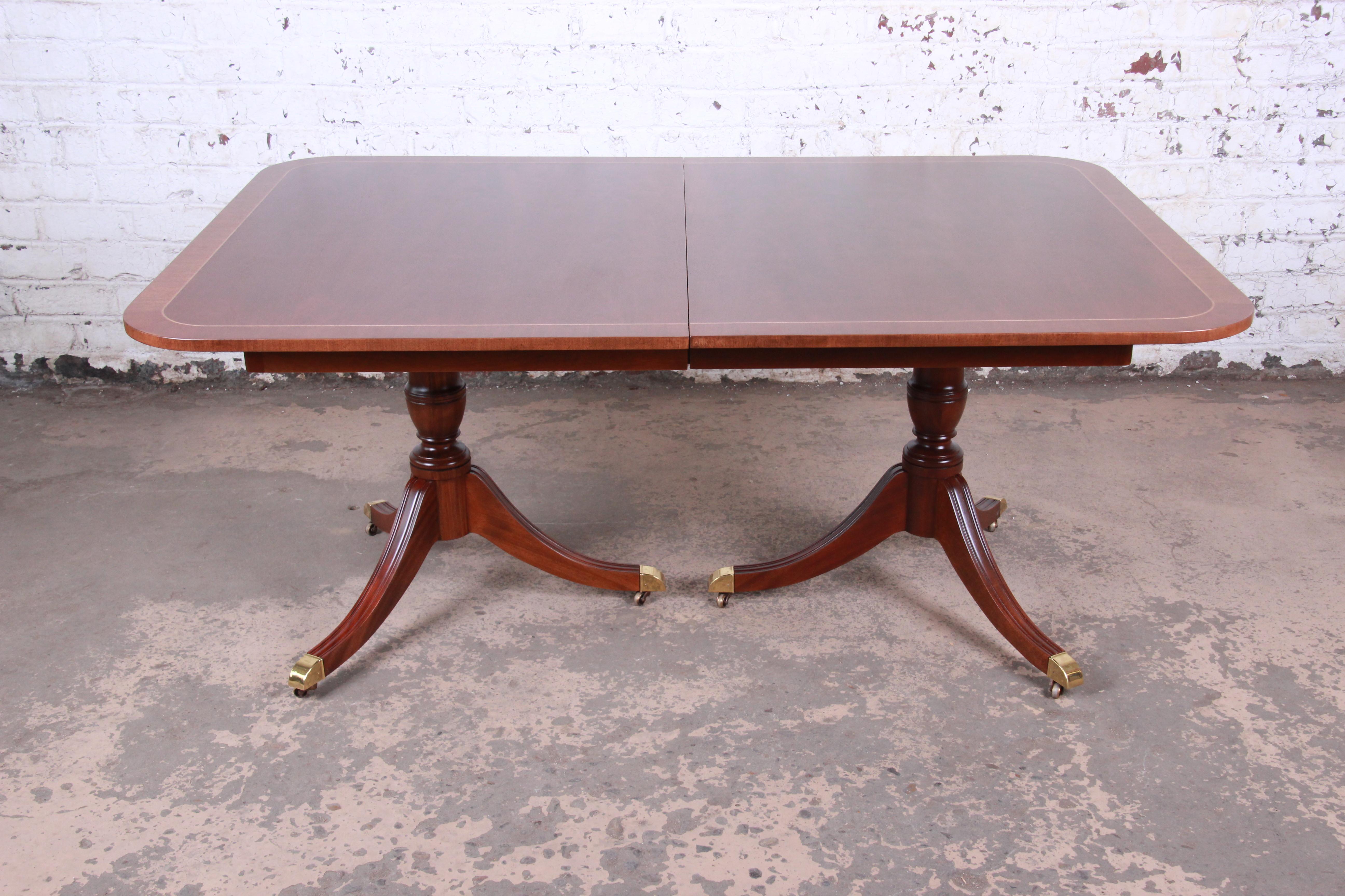 Brass Kindel Furniture Georgian Mahogany Double Pedestal Dining Table, Newly Restored