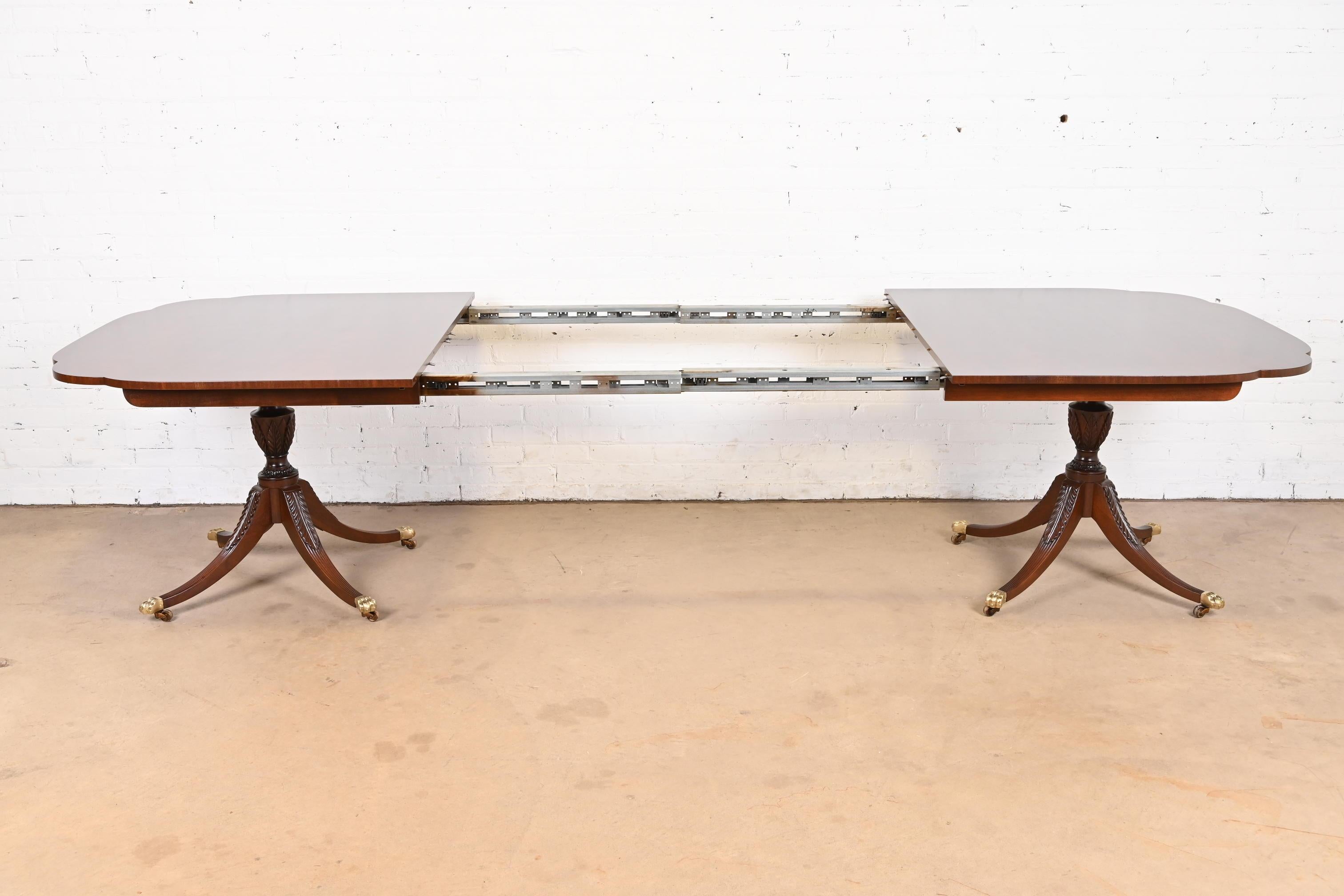 Brass Kindel Furniture Georgian Mahogany Double Pedestal Dining Table, Refinished For Sale