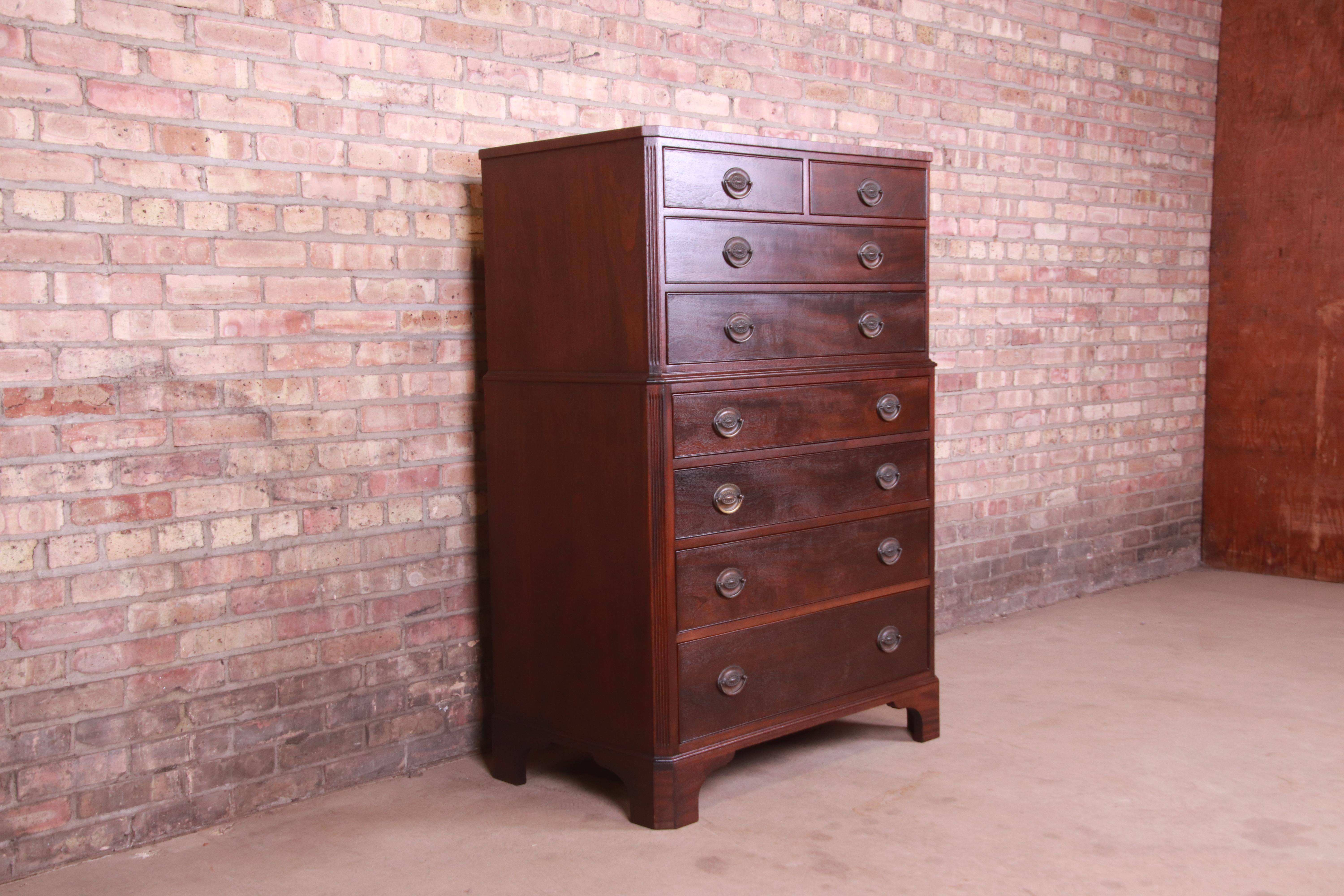 American Kindel Furniture Georgian Mahogany Eight-Drawer Highboy Dresser, Refinished