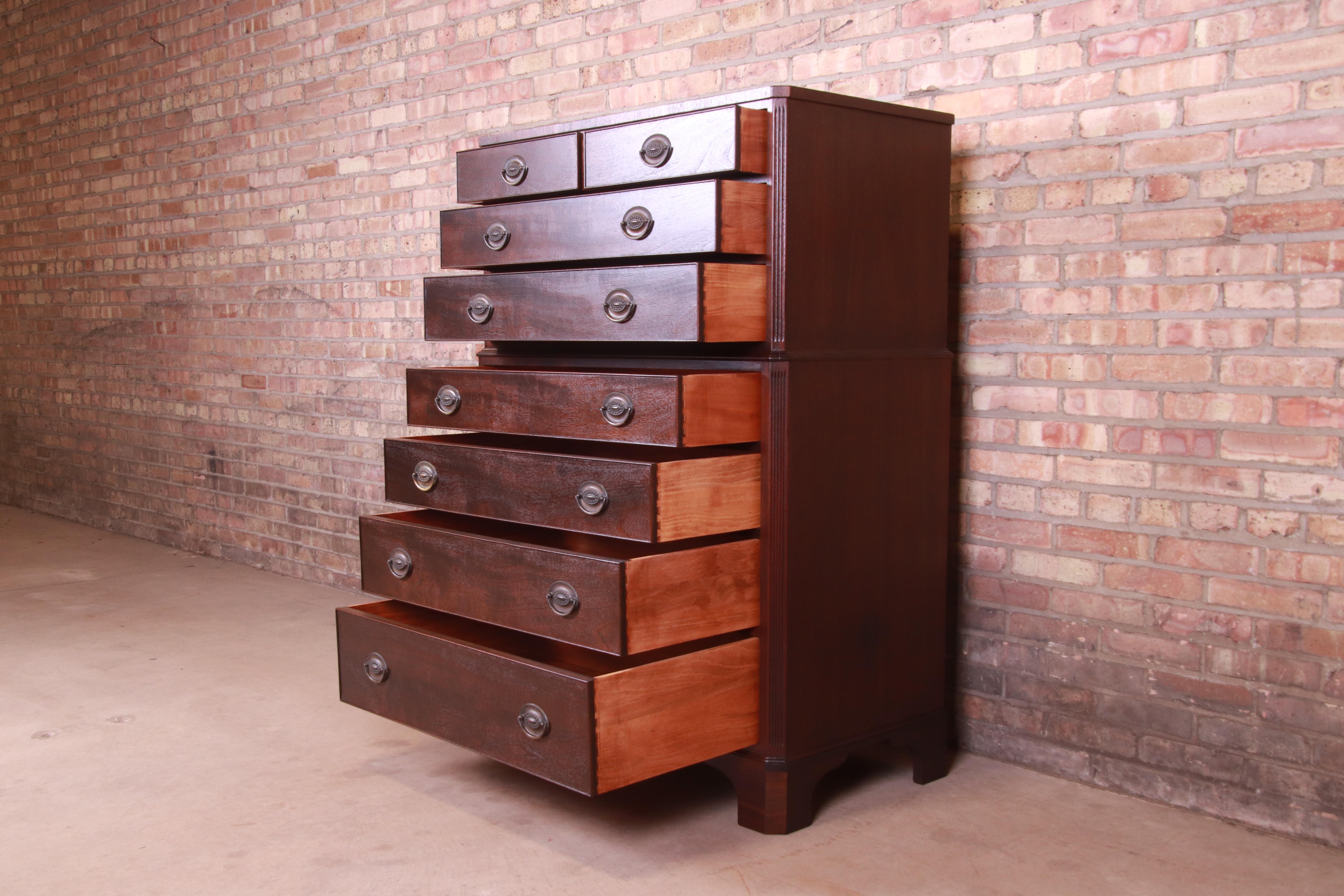 20th Century Kindel Furniture Georgian Mahogany Eight-Drawer Highboy Dresser, Refinished