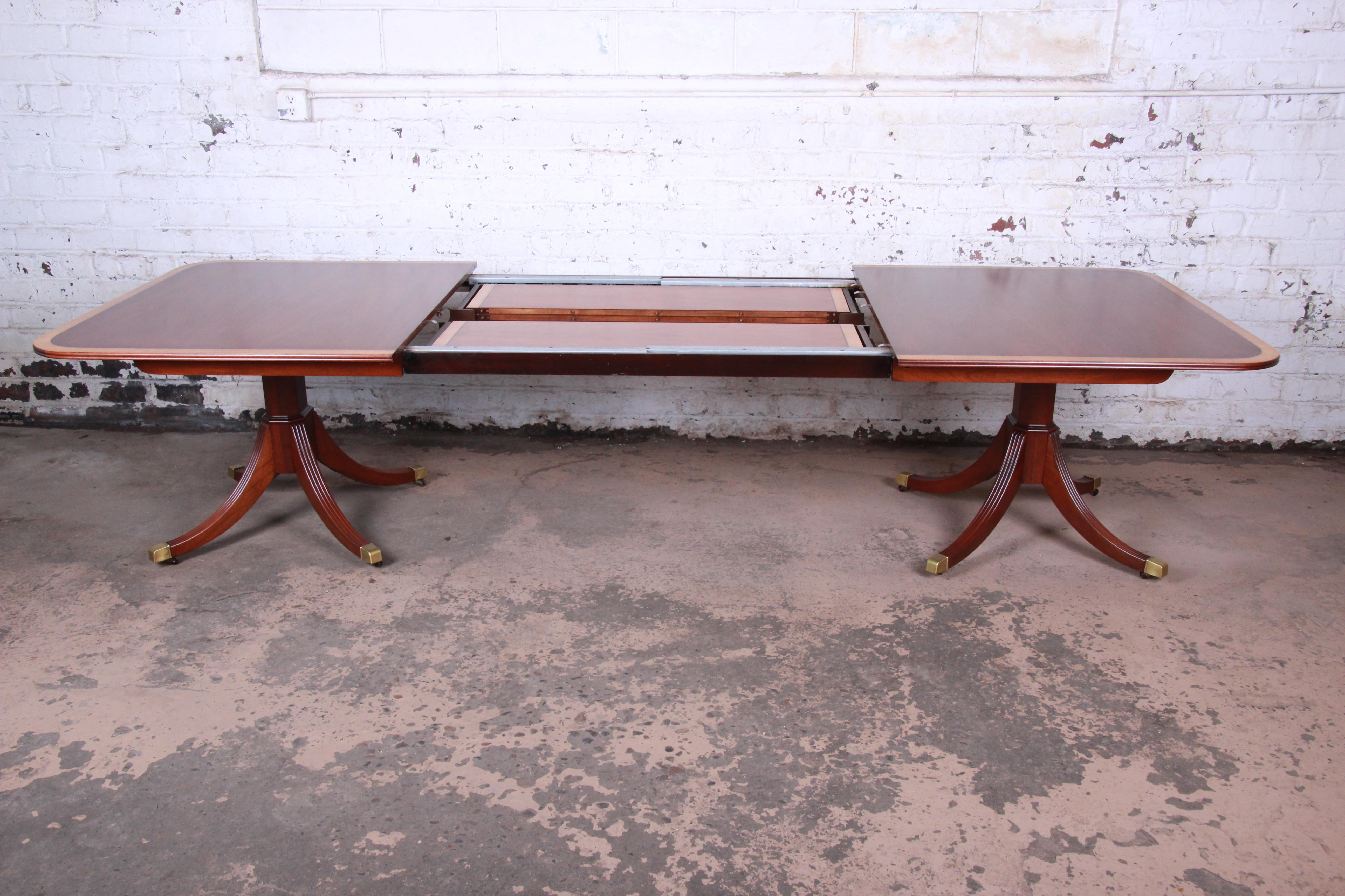 Brass Kindel Furniture Georgian Style Mahogany Double Pedestal Extension Dining Table