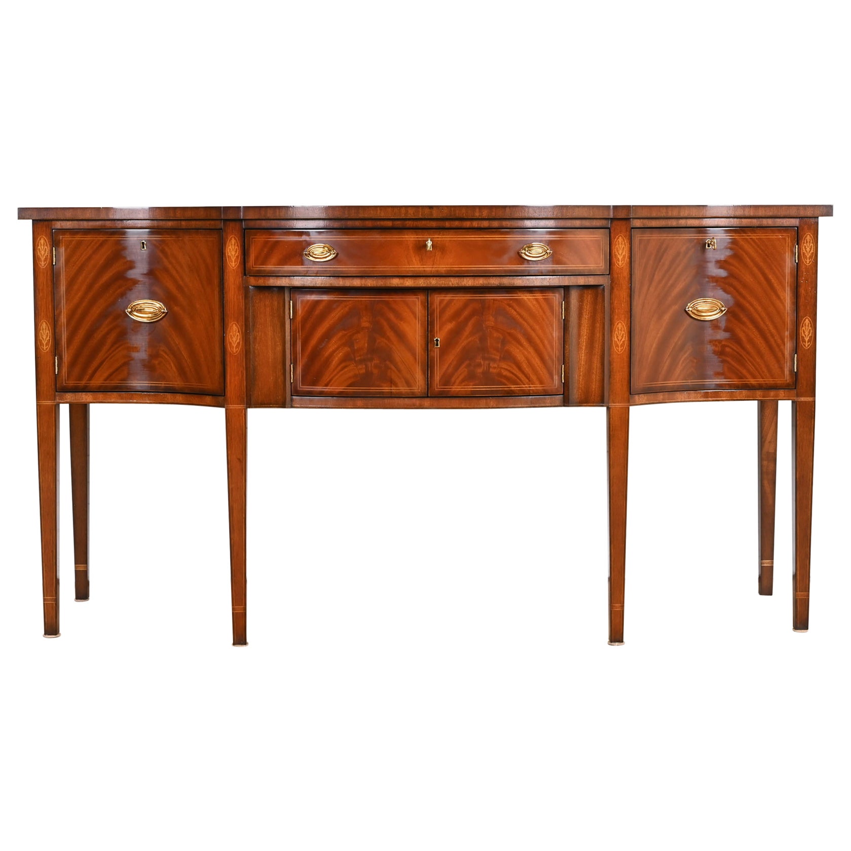 Kindel Furniture Hepplewhite Inlaid Flame Mahogany Bow Front Sideboard Credenza