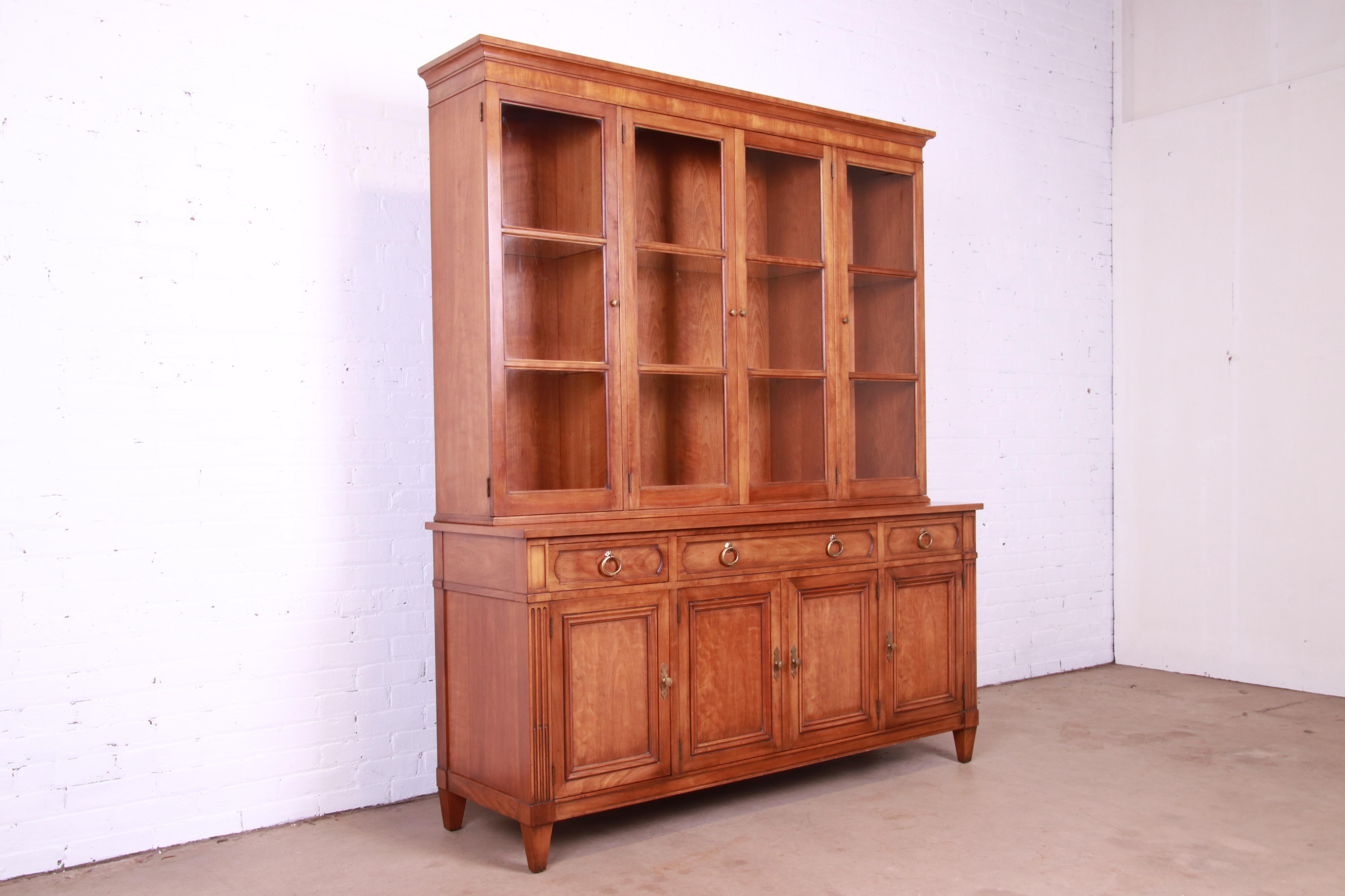 20th Century Kindel Furniture Mid-Century French Regency Cherry Breakfront Bookcase Cabinet For Sale