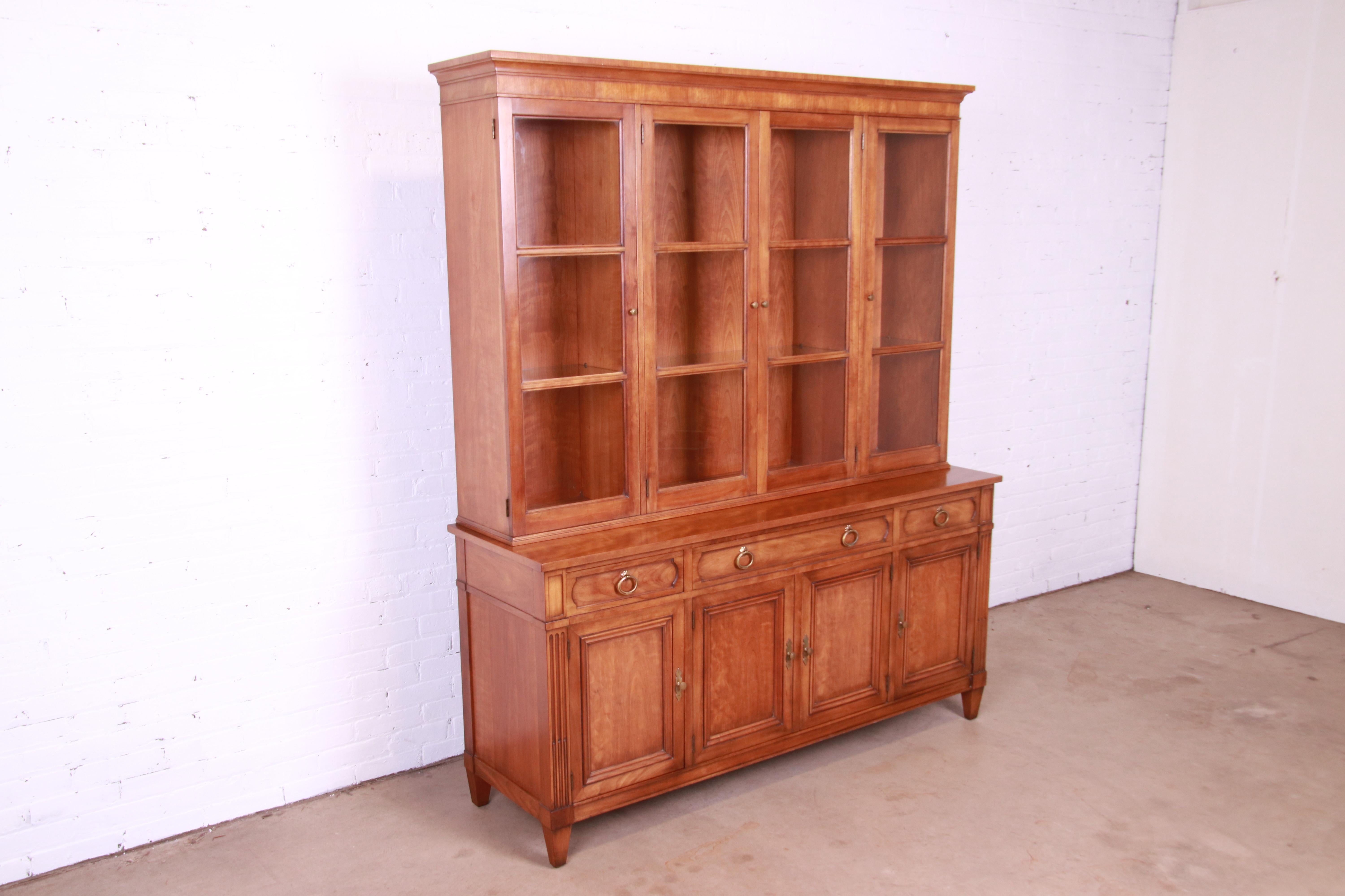 Brass Kindel Furniture Mid-Century French Regency Cherry Breakfront Bookcase Cabinet For Sale