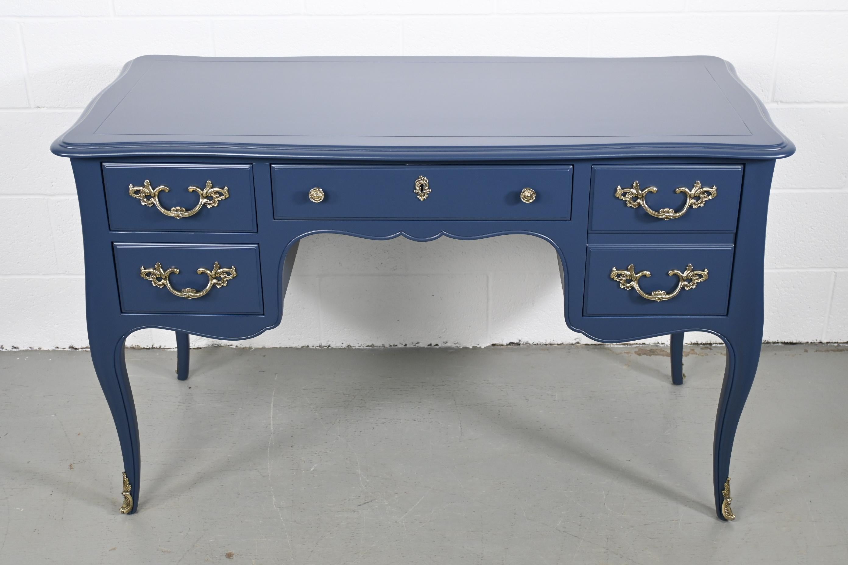 Kindel Furniture Navy French Desk With Brass Ormolu In Excellent Condition In Morgan, UT