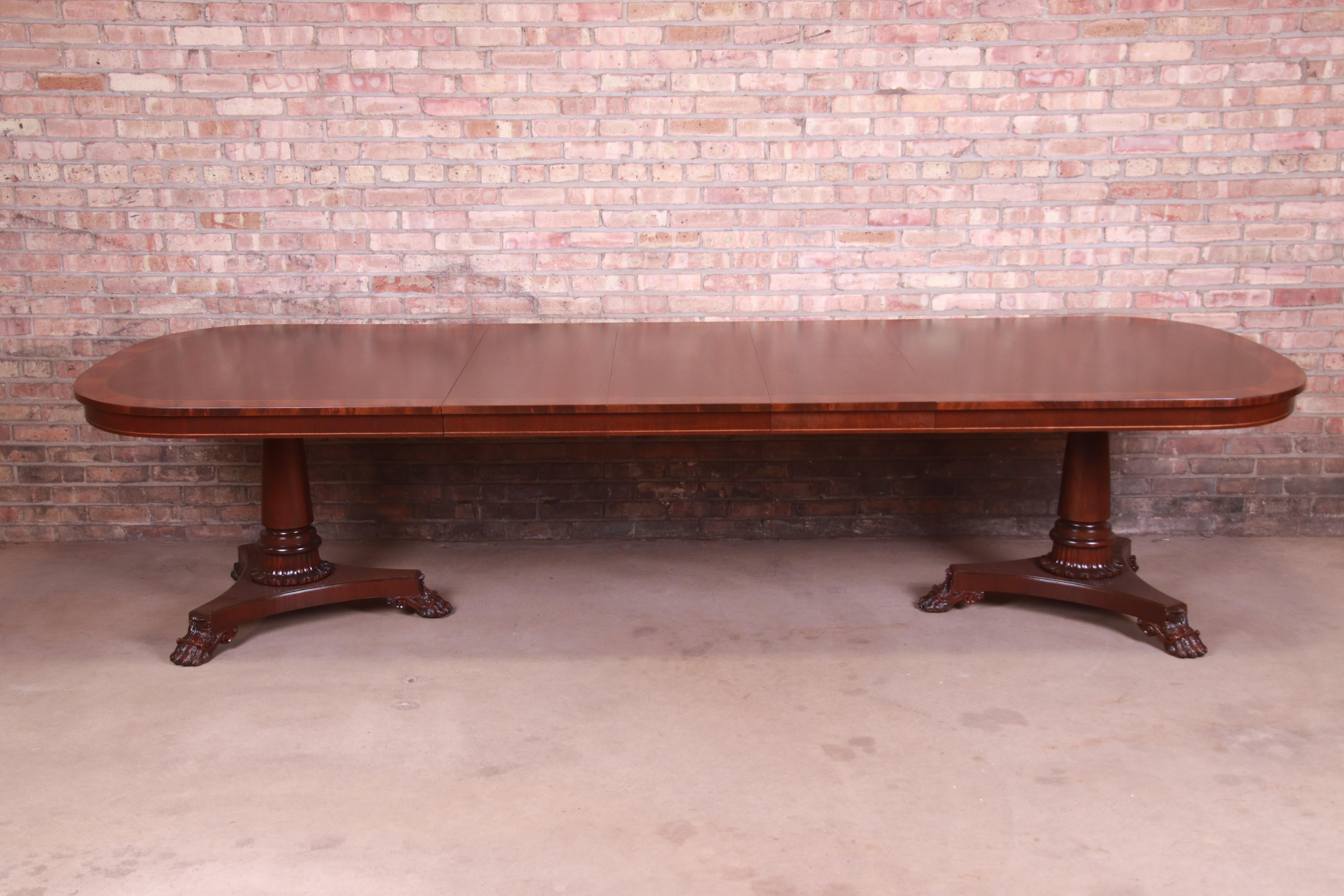 American Kindel Furniture Neoclassical Banded Mahogany Dining Table, Newly Refinished