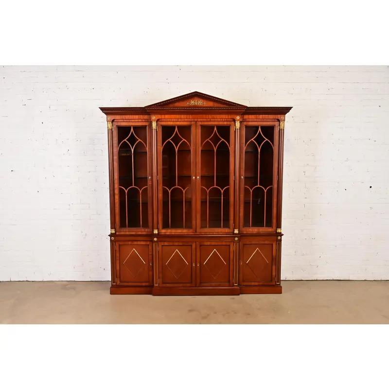 American Kindel Furniture Neoclassical Carved Mahogany Breakfront Bookcase Cabinet For Sale
