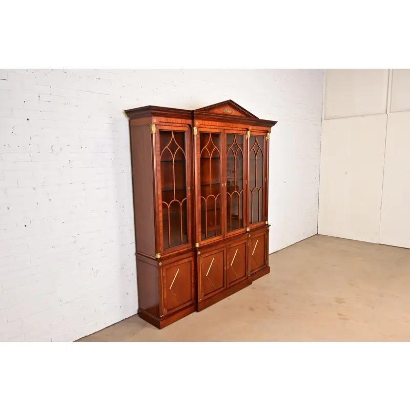 Late 20th Century Kindel Furniture Neoclassical Carved Mahogany Breakfront Bookcase Cabinet For Sale