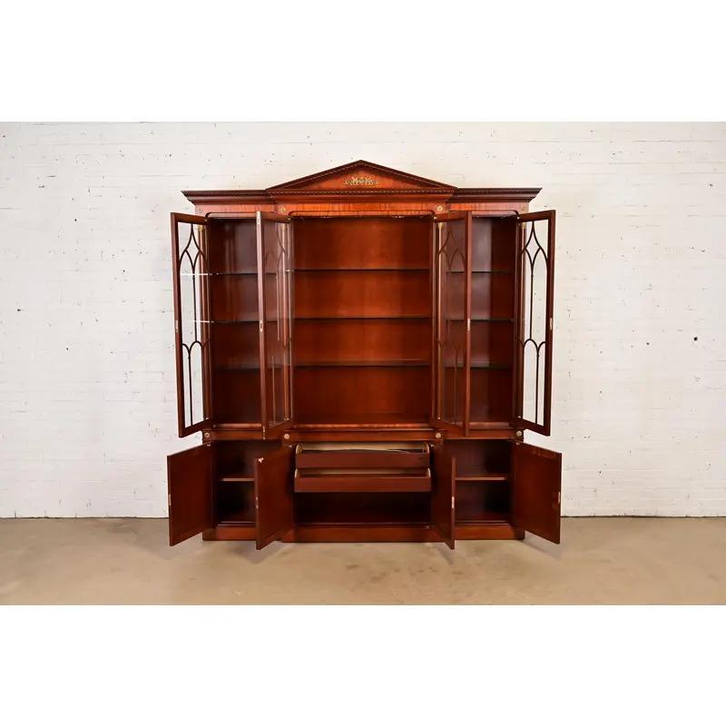 Brass Kindel Furniture Neoclassical Carved Mahogany Breakfront Bookcase Cabinet For Sale