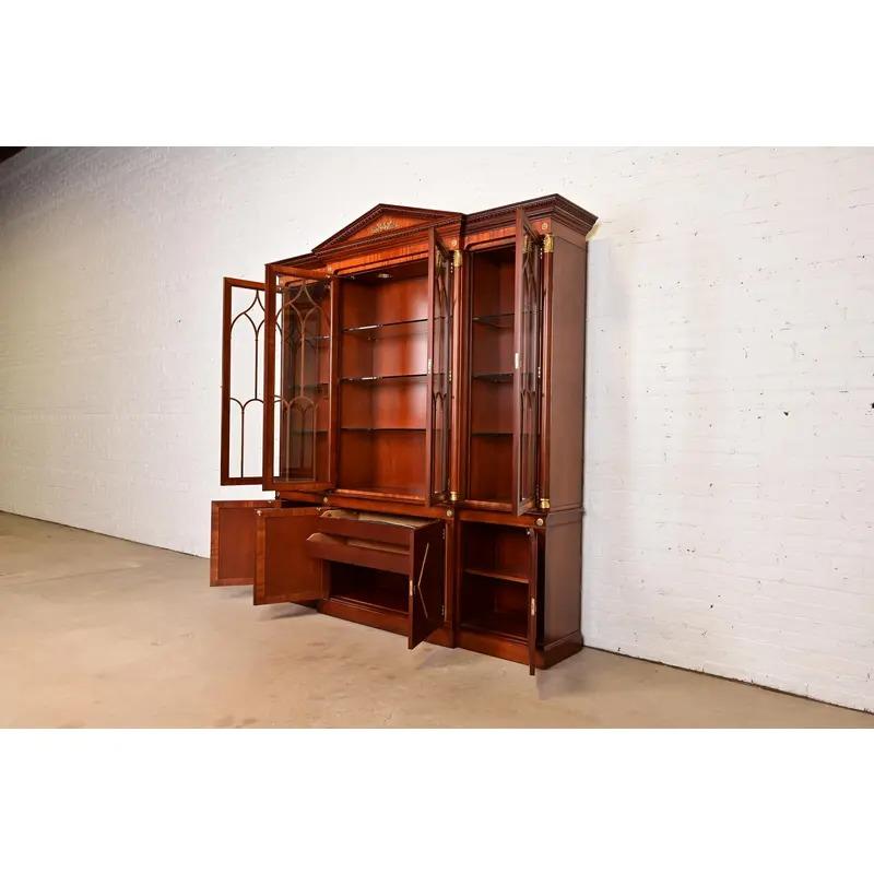 Kindel Furniture Neoclassical Carved Mahogany Breakfront Bookcase Cabinet For Sale 1