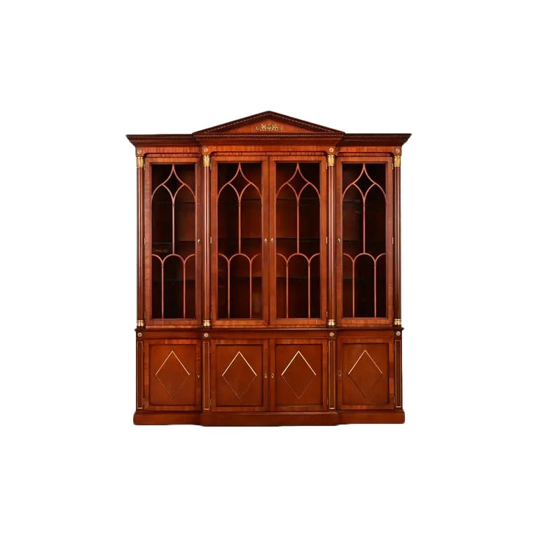 Kindel Furniture Neoclassical Carved Mahogany Breakfront Bookcase Cabinet