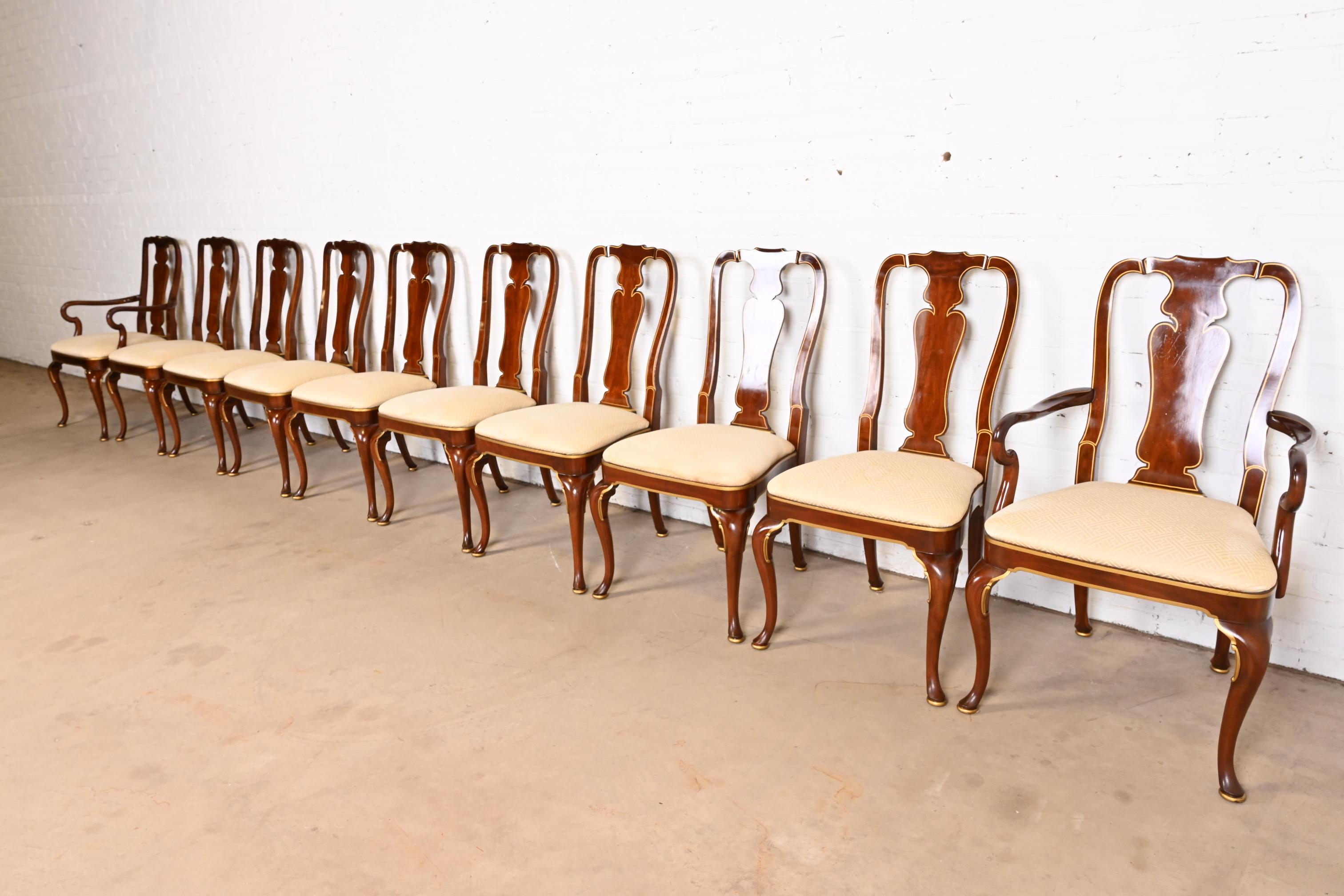 Late 20th Century Kindel Furniture Queen Anne Mahogany and Gold Gilt Dining Chairs, Set of Ten For Sale