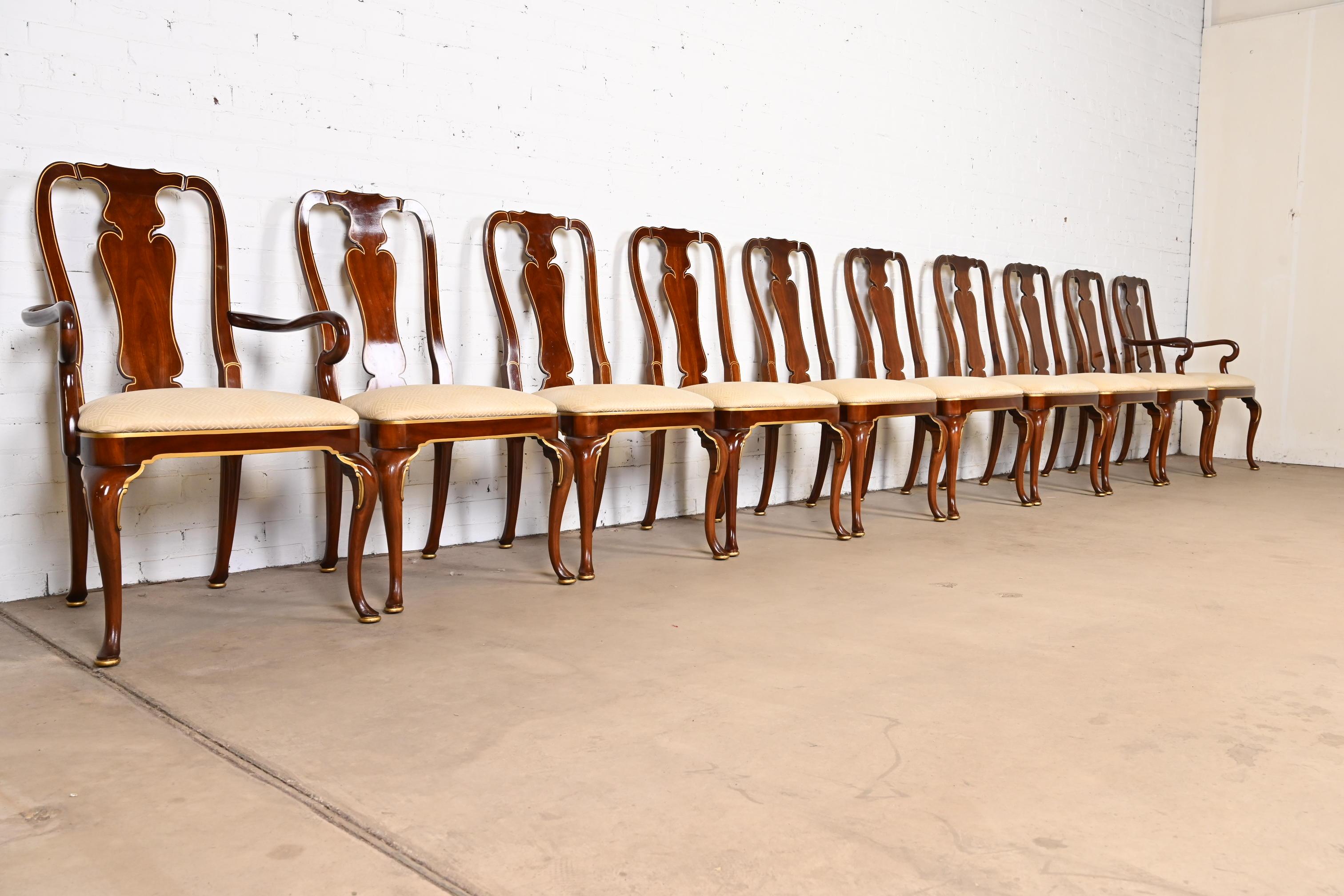 Upholstery Kindel Furniture Queen Anne Mahogany and Gold Gilt Dining Chairs, Set of Ten For Sale