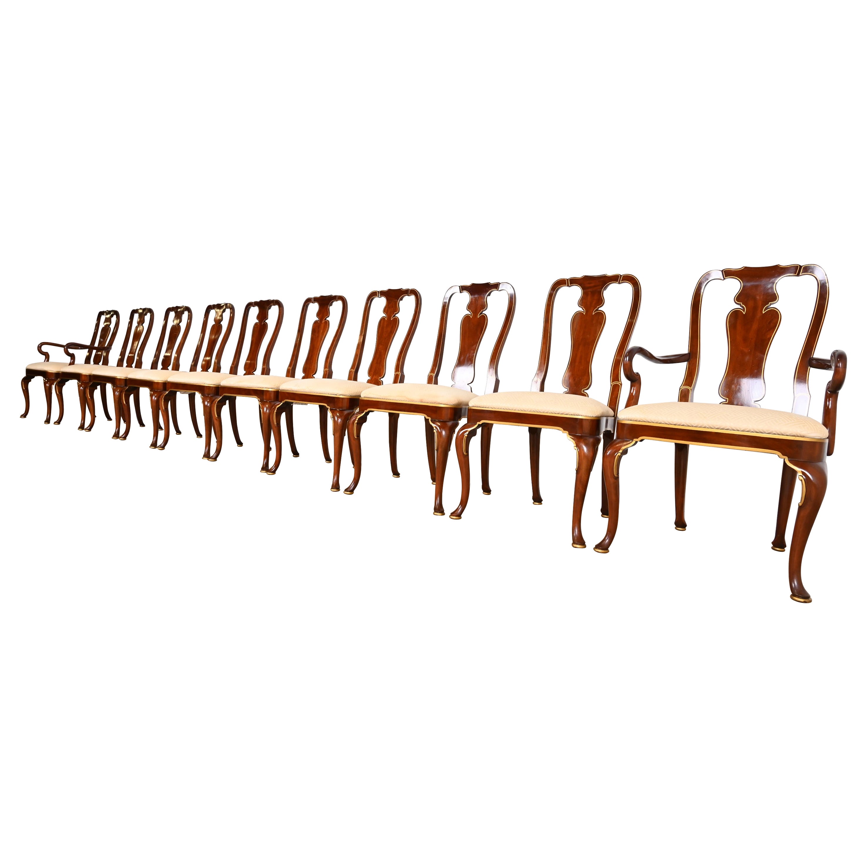 Kindel Furniture Queen Anne Mahogany and Gold Gilt Dining Chairs, Set of Ten