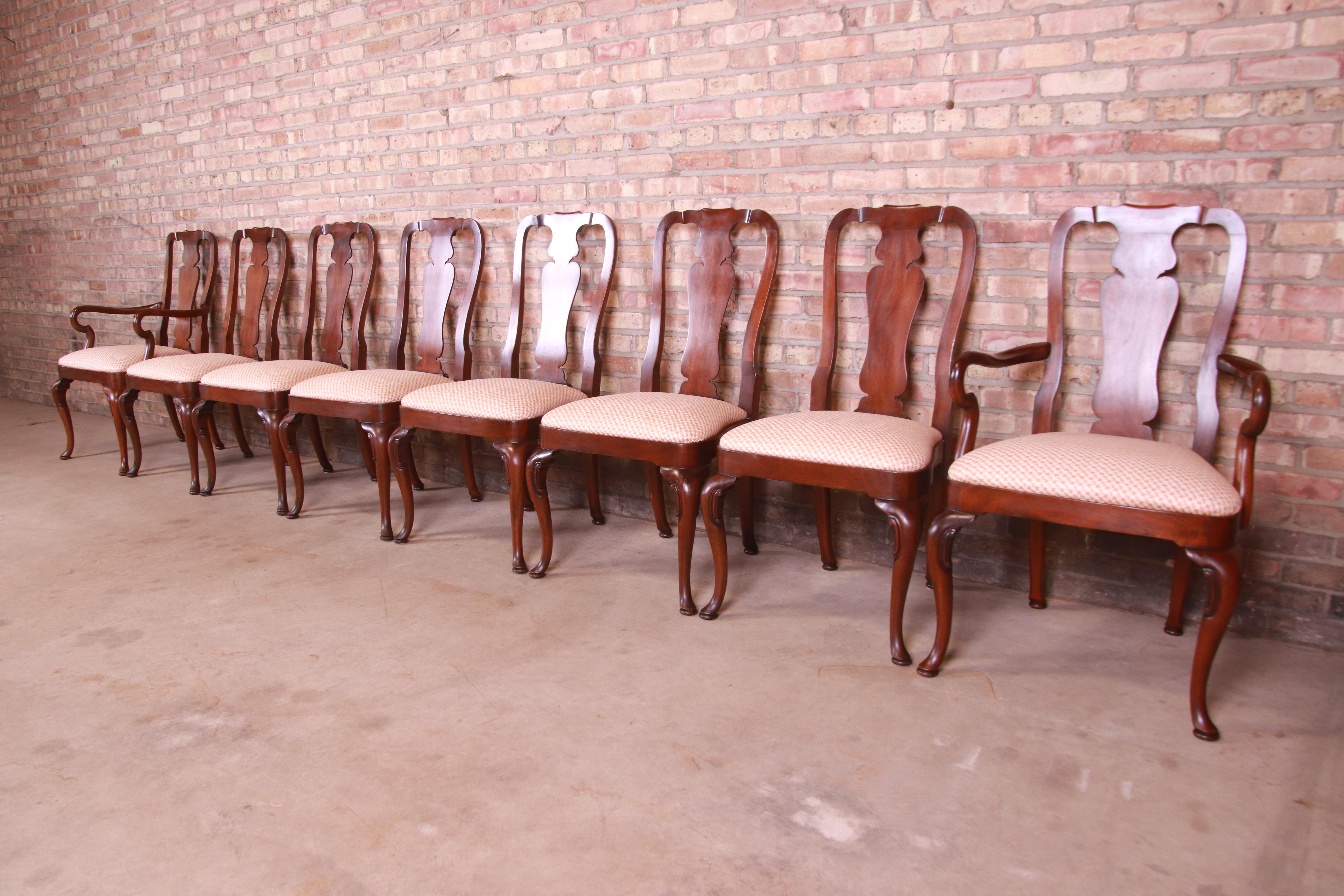 Upholstery Kindel Furniture Queen Anne Mahogany Dining Chairs, Set of Eight