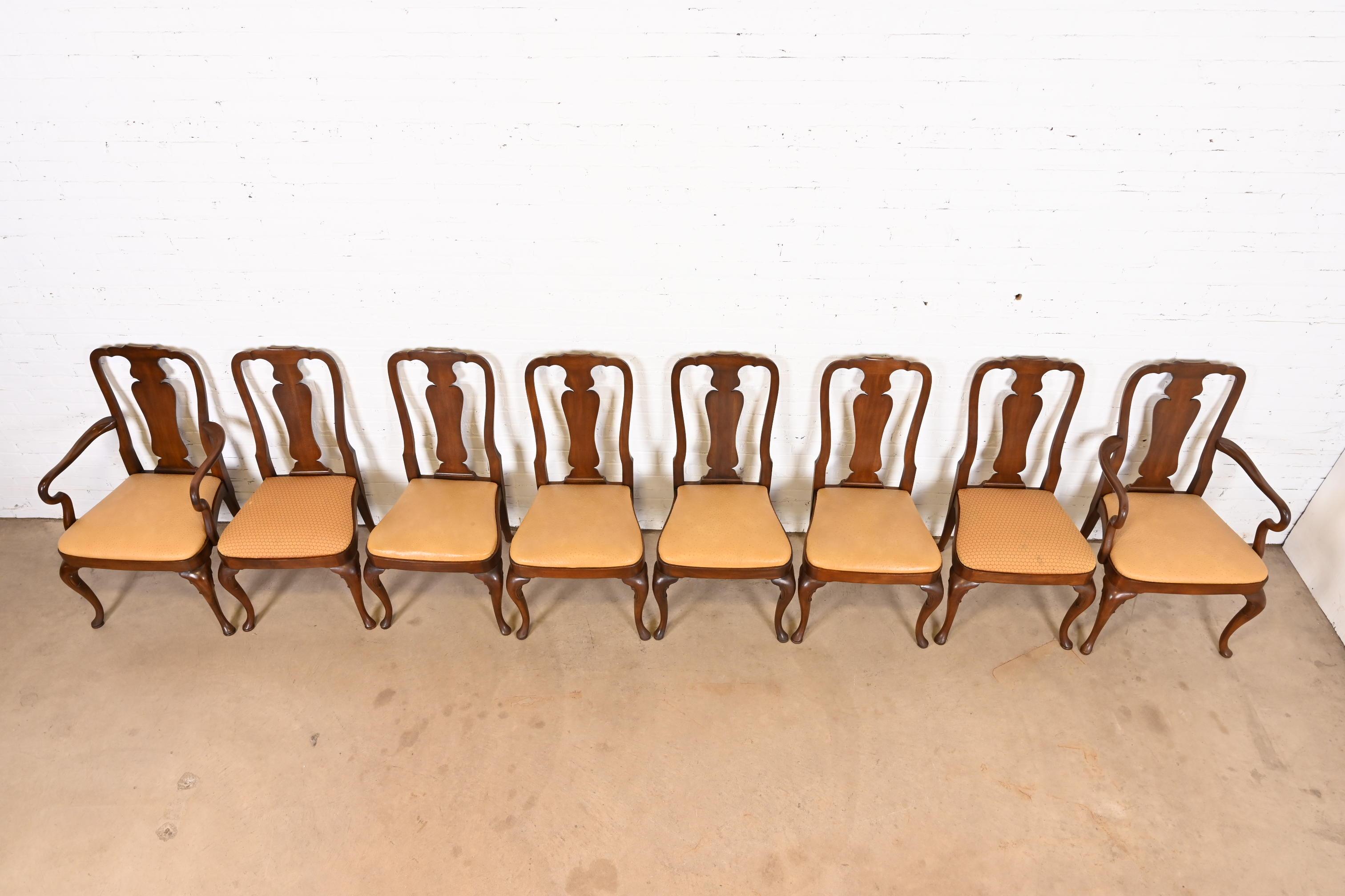 Upholstery Kindel Furniture Queen Anne Solid Mahogany Dining Chairs, Set of Eight For Sale