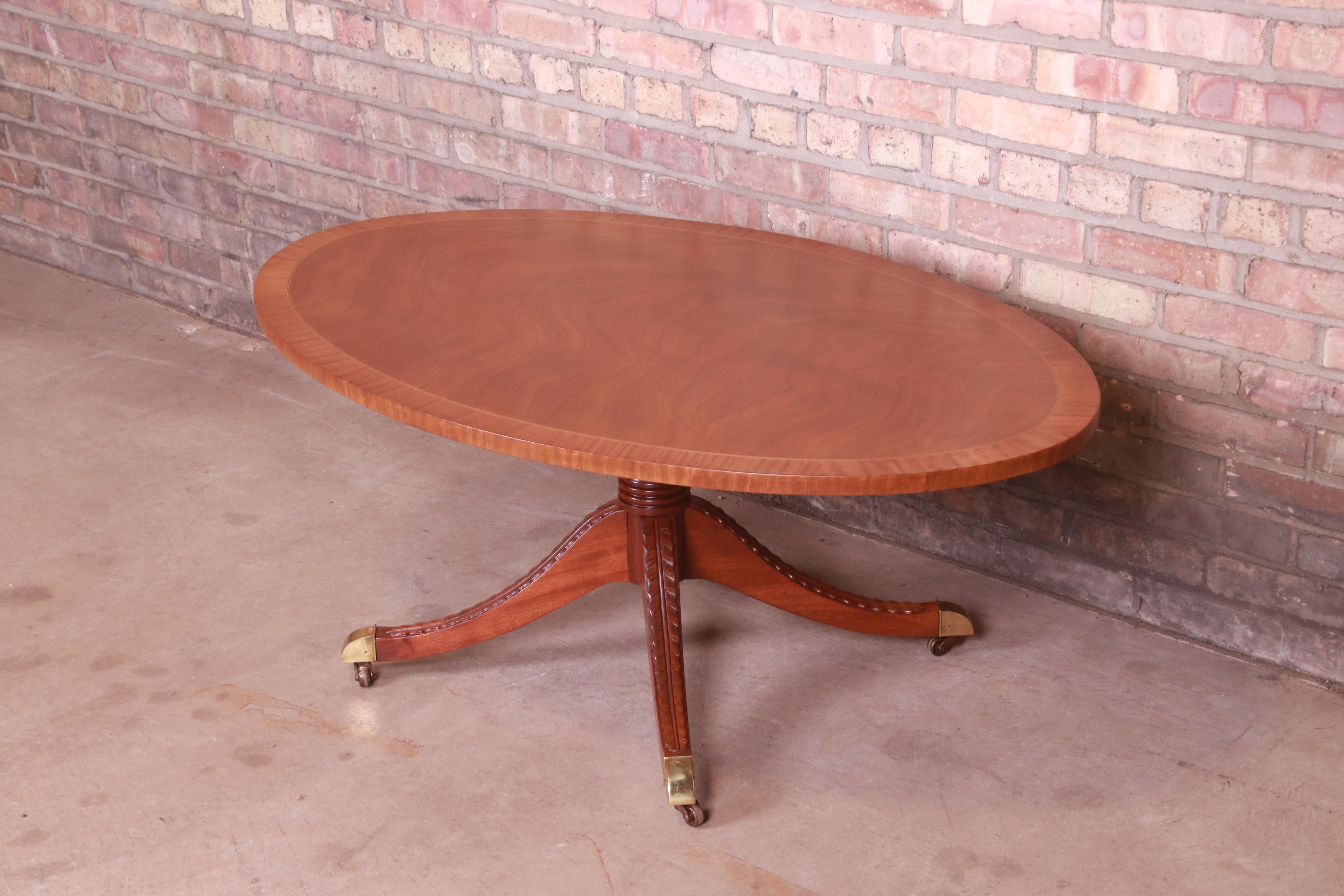 American Kindel Furniture Regency Banded Mahogany Pedestal Coffee Table, Newly Refinished